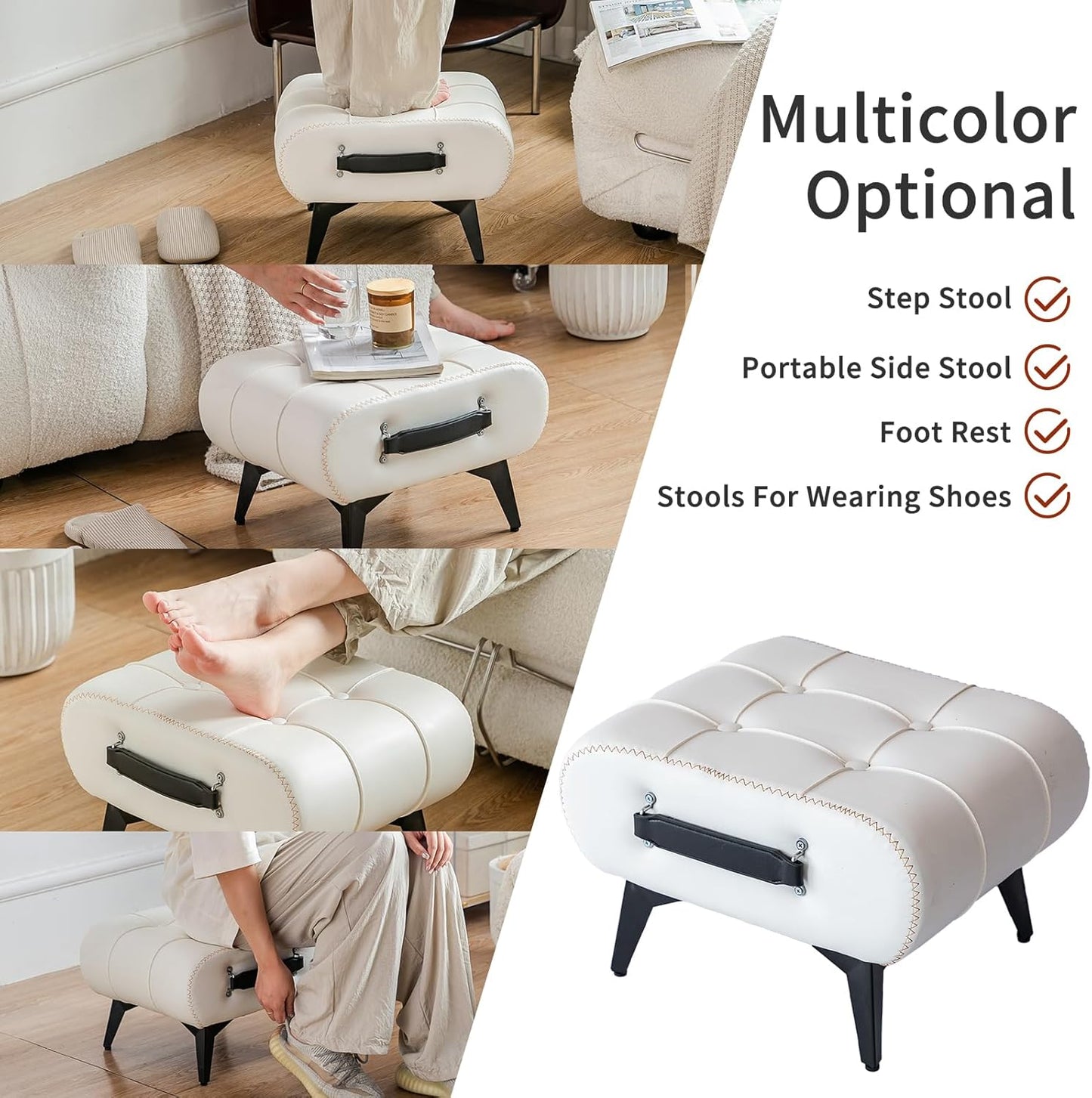 Small Footstool Ottoman - Stylish and Functional Faux Leather Footrest for Extra Seating in Living Room, Entryway, or Office