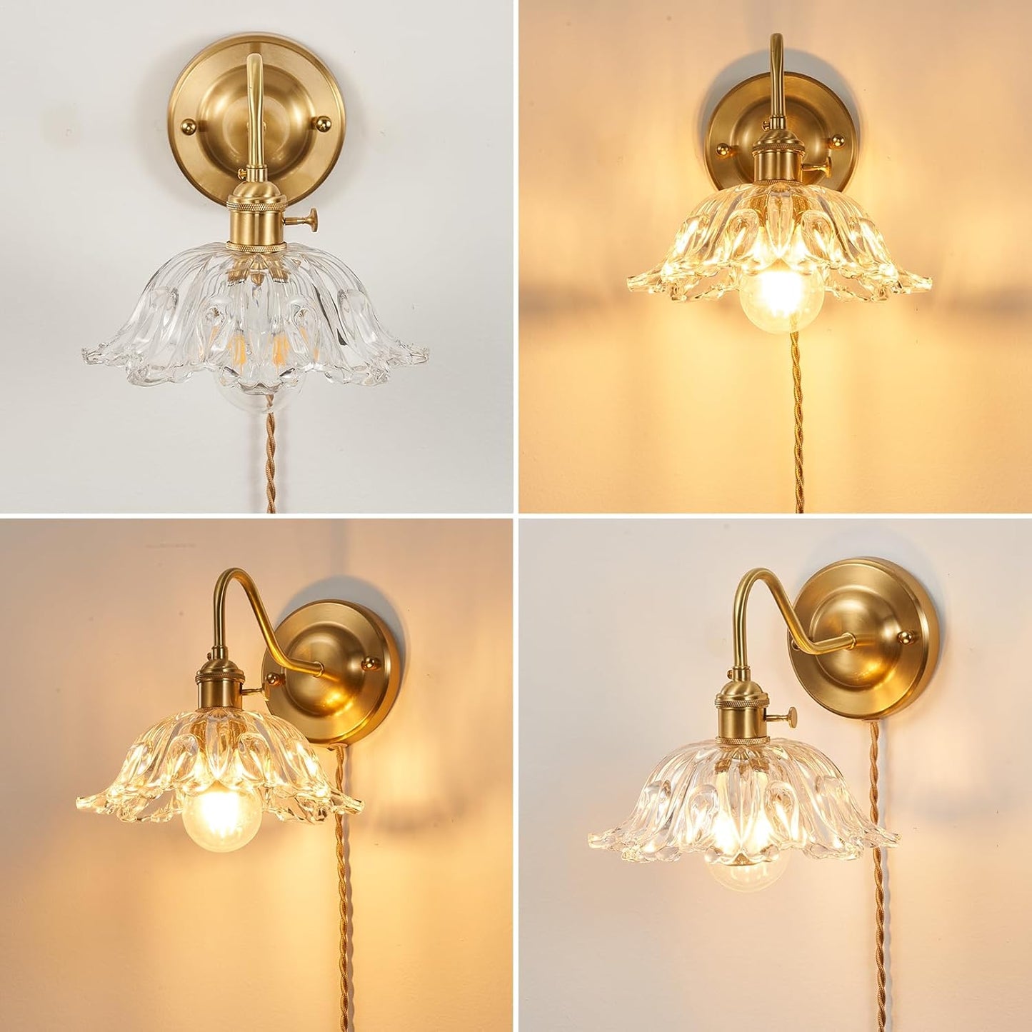 Vintage Plug-in Wall Sconce with Switch, Clear Snowflake Glass Shade, Brass Fixture, E26 Socket with Dual Switches, Plug-in or Hardwired for Bedroom, Reading Nook, Hallway, Kitchen Island