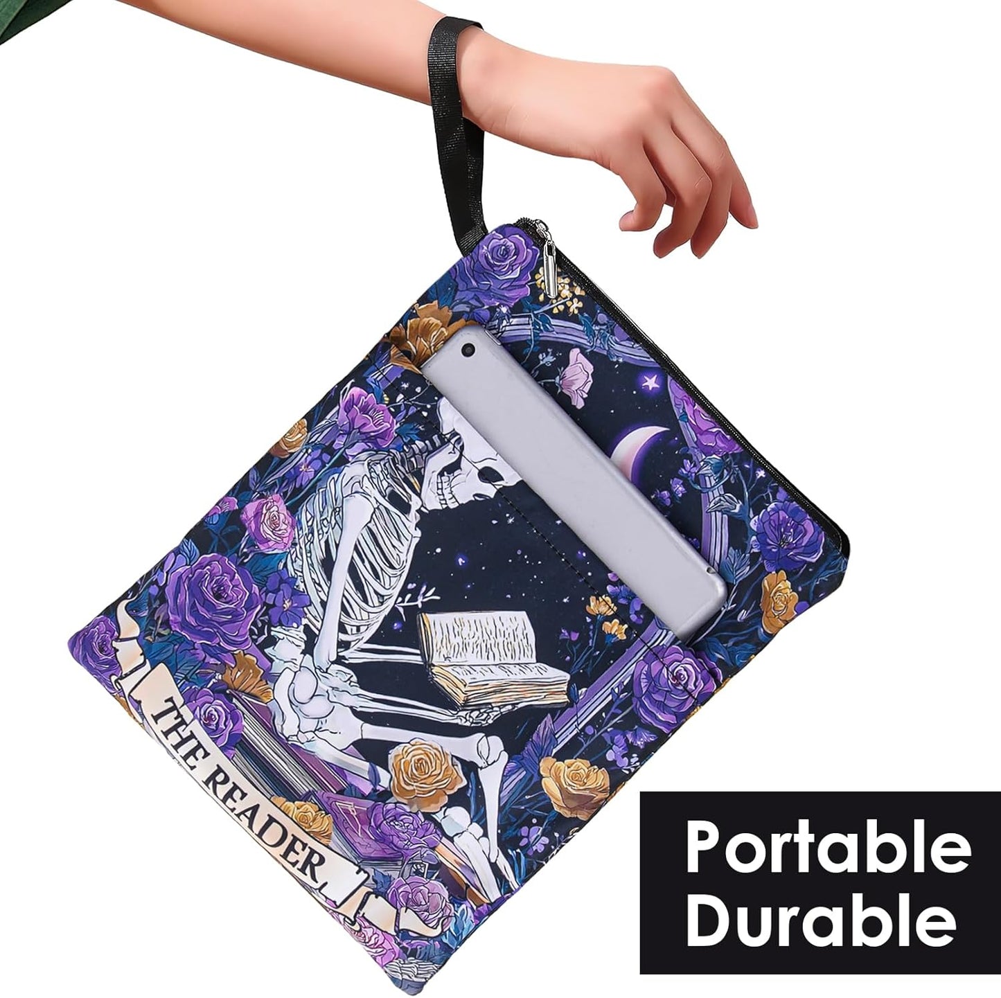 Gothic Skeleton Book Sleeve - Floral Books Covers Protector with Zipper and Pocket for Paperbacks Reading Lover Accessories Birthday Halloween Christmas Gift for Women Teacher Student