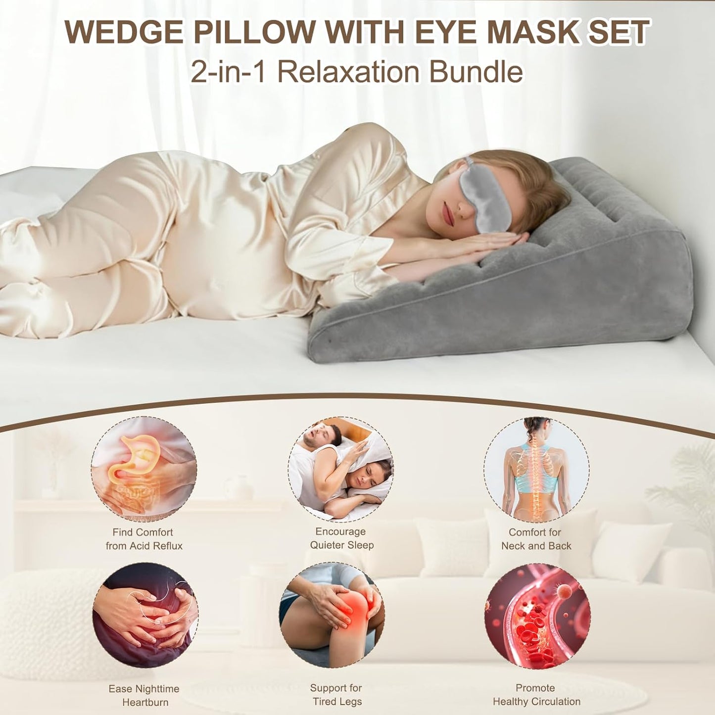 TheClover Inflatable Travel Wedge Pillow for Sleeping- Portable Bed Wedge with Eye Mask,Portable Neck & Back Support for Side Sleepers, Adjustable Air Cushion for Airplane, Car, Office (Grey)