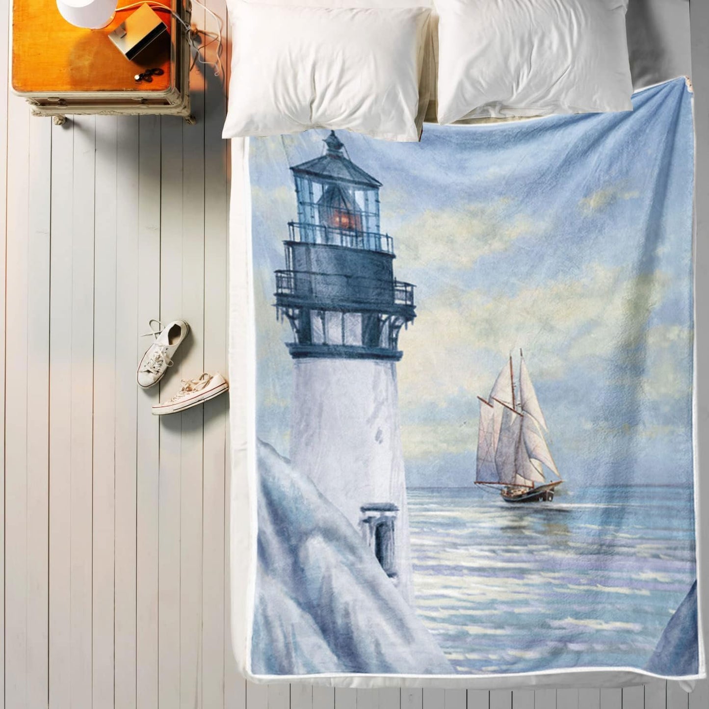 Coastal Lighthouse Throw Blankets, Sunrise Blue Ocean Warm Cozy Flannel Blanket, Sailboat Nautical Blanket for Sofa Camping Couch Bed Travel 50X60 inch
