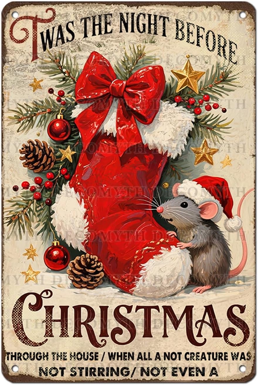 Vintage Twas The Night Before Christmas Stocking Mouse Tin Sign Storybook Decor for Children's Reading Nooks Enchanted Bedtime Corners 12 * 8inch