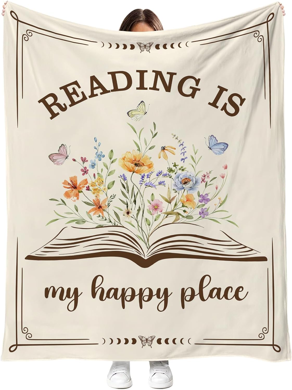 Book Lover Gifts for Women, Reading is My Happy Place Throw Blanket, Floral Book Butterfly Fleece Blanket for Reading Nook Couch, Cottagecore Librarian Teacher Gift 50x60 Inch
