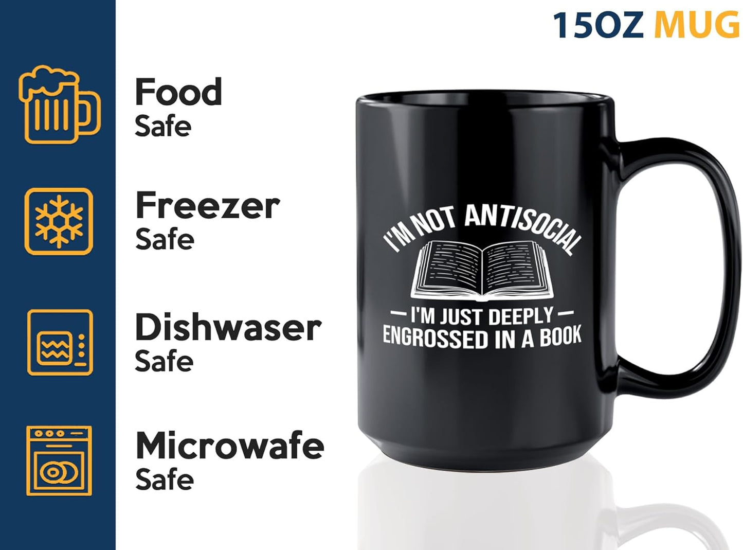 Book Lover Coffee Mug 15oz Black -Im not antisocial - Bookworm Literature Library Book Lover Reader Booked Editor Intellectual Studious