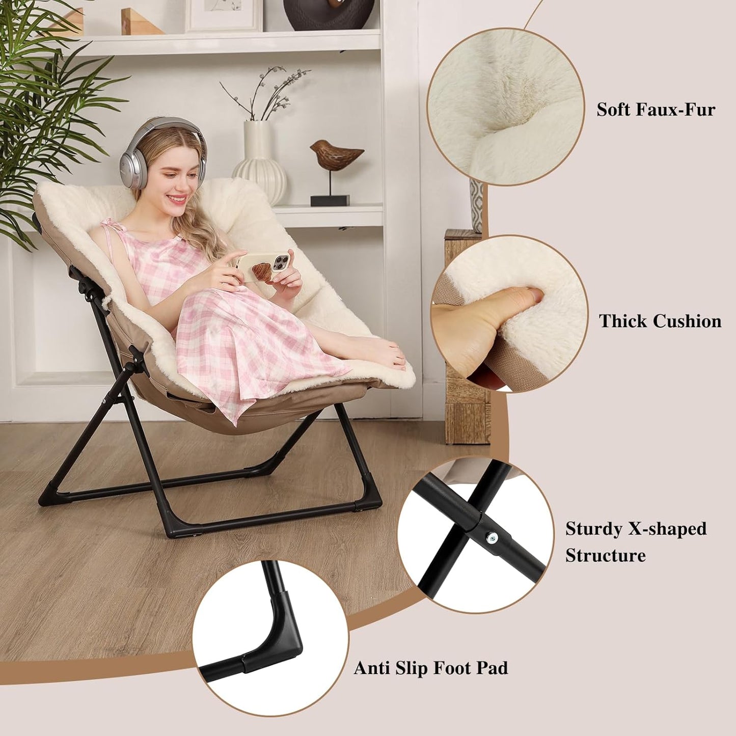 Comfy Saucer Chair for Adults, Soft Faux Fur Bedroom Chair, Accent Dorm Chairs, Flexible Living Room Reading Chairs, Oversized Folding Seat for Teens, X-Large, Beige