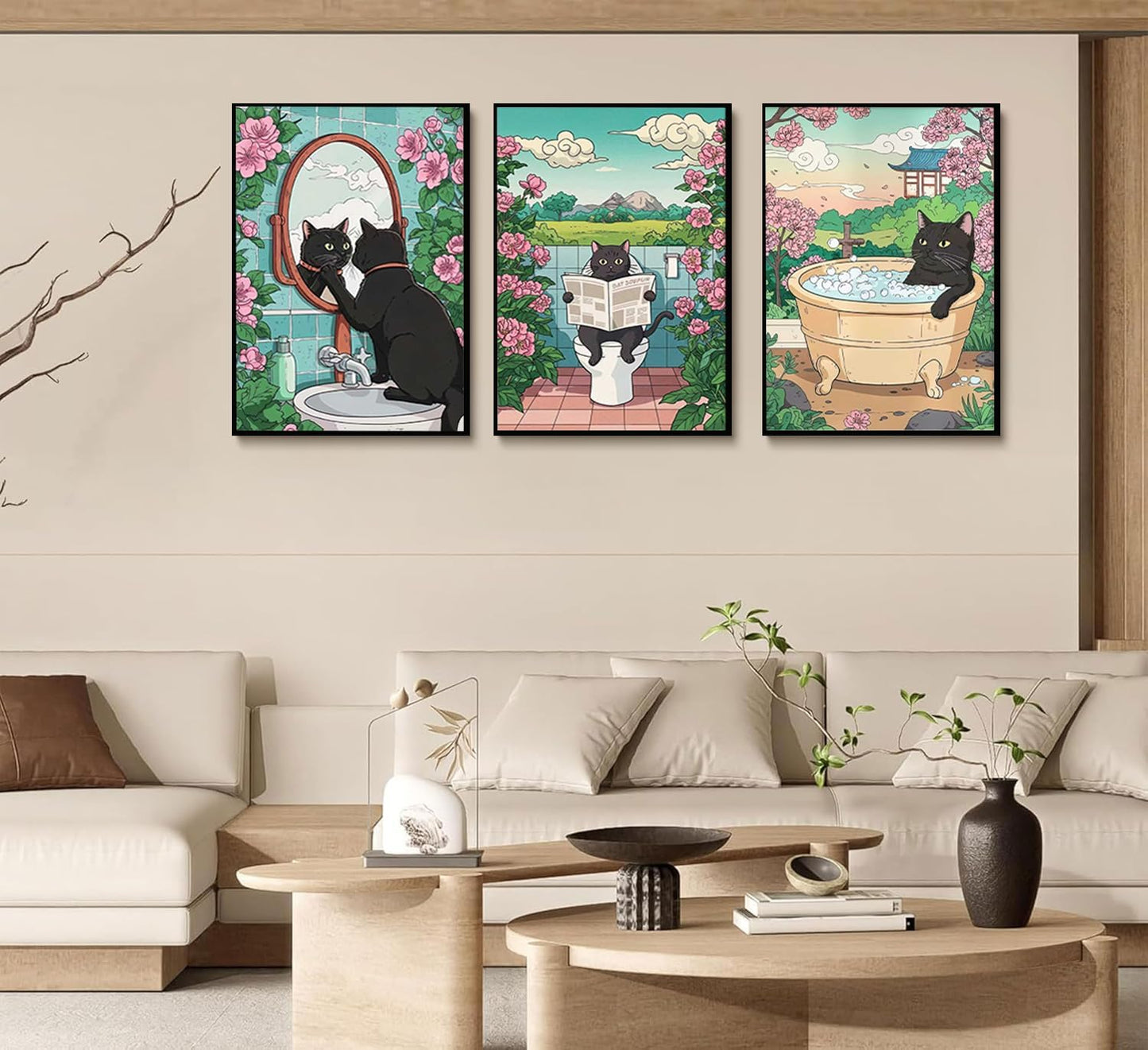 3pcs Funny Bathroom Black Cat Canvas Wall Art Cute Kitten On Toilet Posters Prints Vintage Japanese Cat In A Bathtub And Flowers Pictures Wall Decor for Washroom Bathroom Decoration Unframed