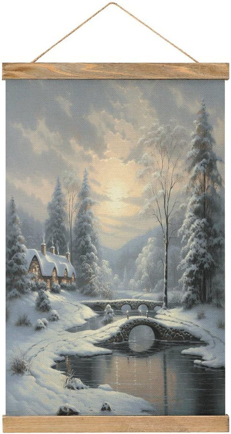 Vintage Winter Snow Scene Poster with Wooden Frame Personalized Linen Hanging Scroll Painting Rustic Wall Hanging Illustrative Modern Artwork Decor for Home Living Room Bedroom Office