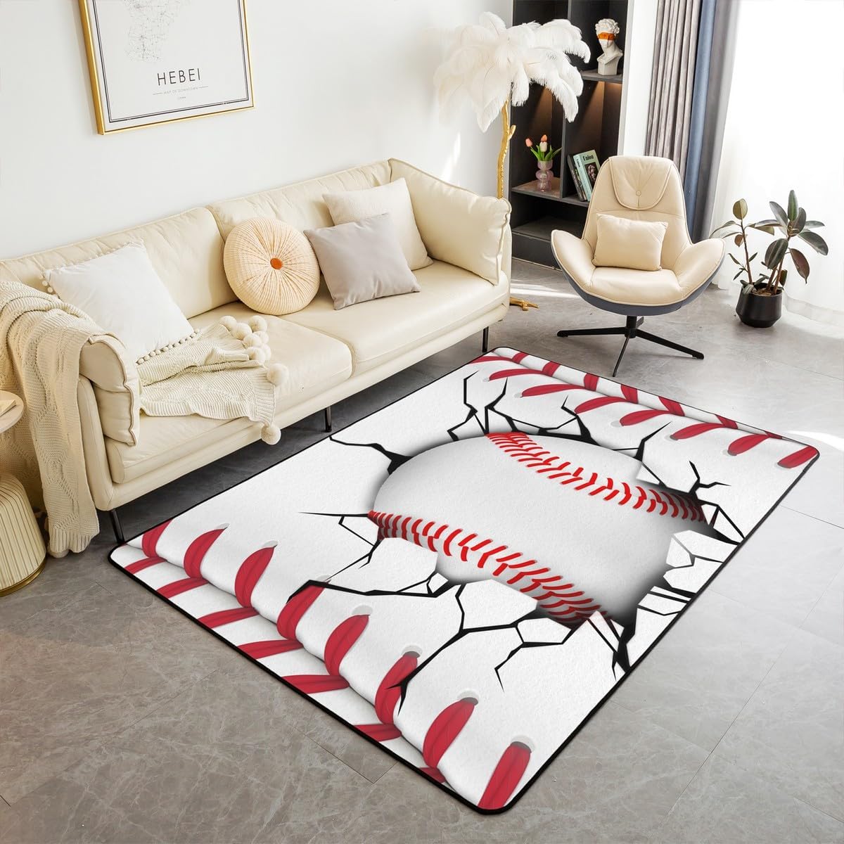 Erosebridal Baseball Area Rug 3x5, Ball Sports Rectangular Carpet for Living Room Bedroom, Vintage Laces Games Printed Kids Girls Washable Indoor Floor Mat, White Red Sports Theme Decorative Rug