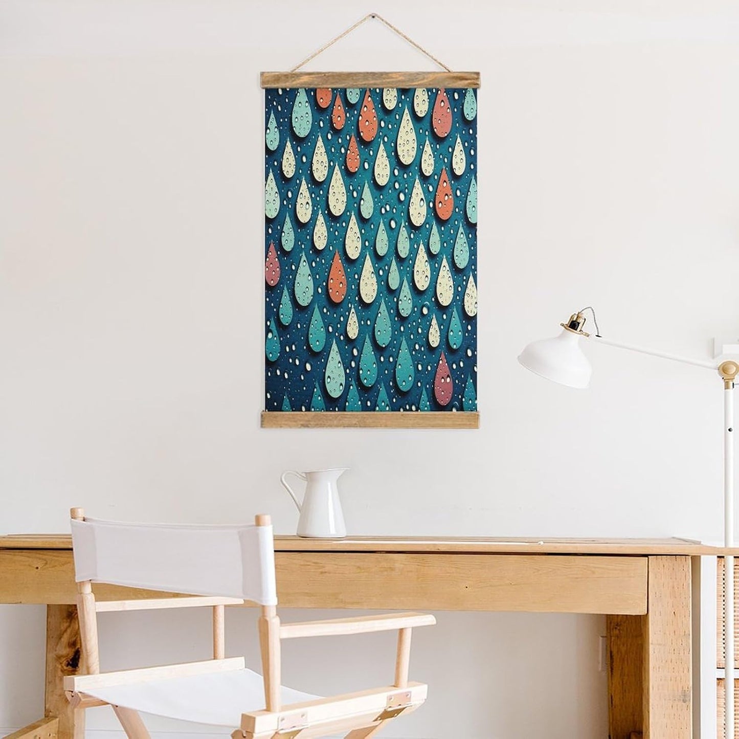 Vintage Water Drops Dots Poster with Wooden Frame Personalized Linen Hanging Scroll Painting Rustic Wall Hanging Illustrative Modern Artwork Decor for Home Living Room Bedroom Office