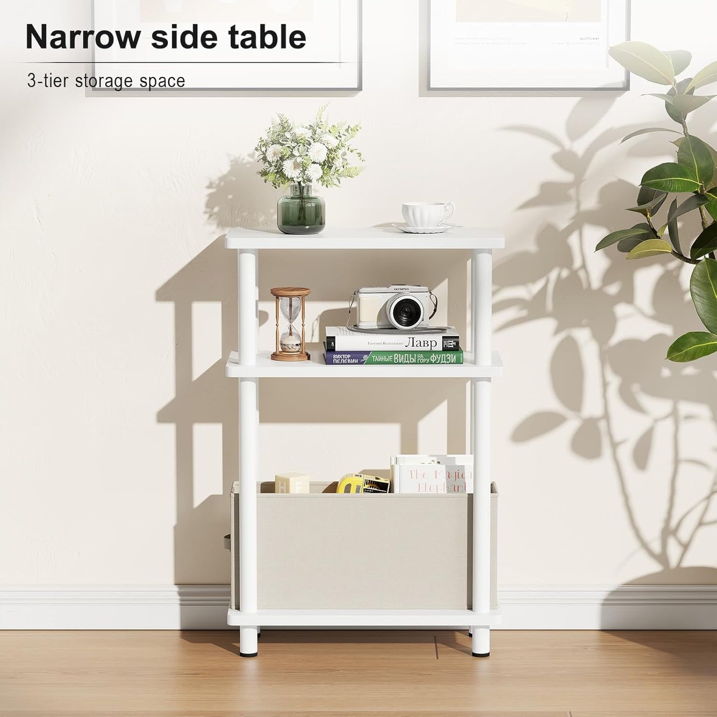 Apicizon Small Narrow Side Table, 3-Tier Skinny End Table with Fabric Basket, Slim Nightstand Bedside Table for Small Spaces, Living Room, Bderoom, White