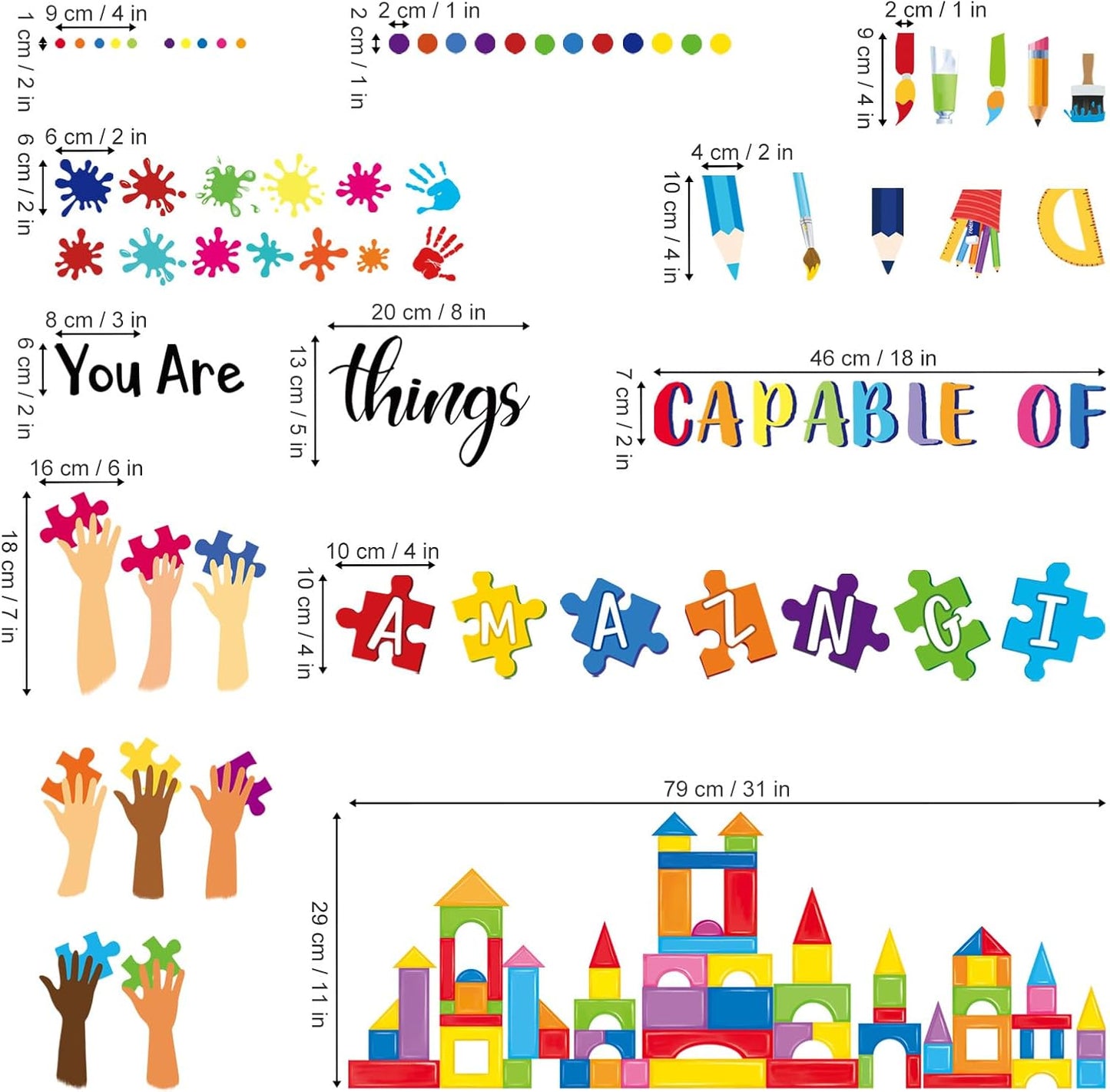 wondever Reading Corner Builders Blocks Wall Stickers Inspirational Quotes You are Capable of Amazing Things Handprint Paint Splatter Peel and Stick Wall Art Decals for Classroom Kids Room School