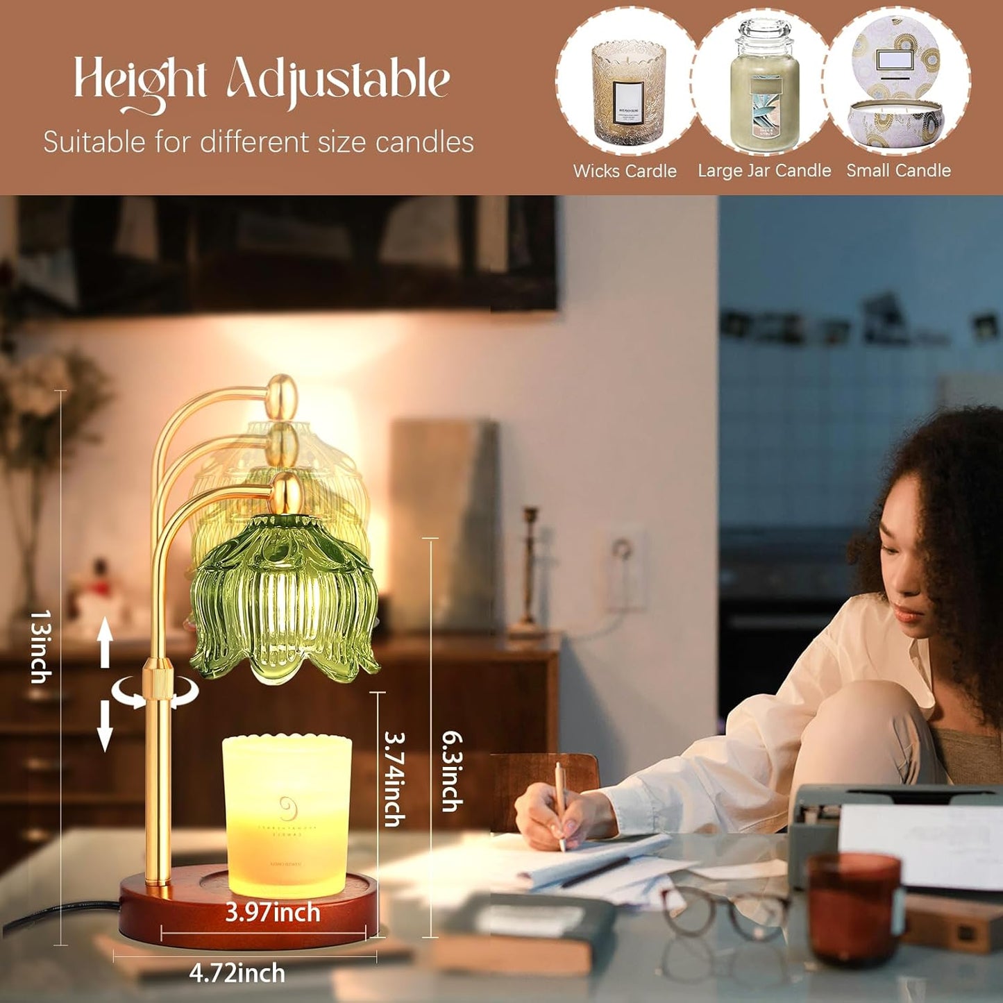 Adjustable Flower Candle Warmer Lamp with Timer, Lotus Tulip Glass Warmer Light for Jar Candles, Electric Wax Warming Melter, Gifts for Women Mom, Vintage Bedroom Decor (Green)