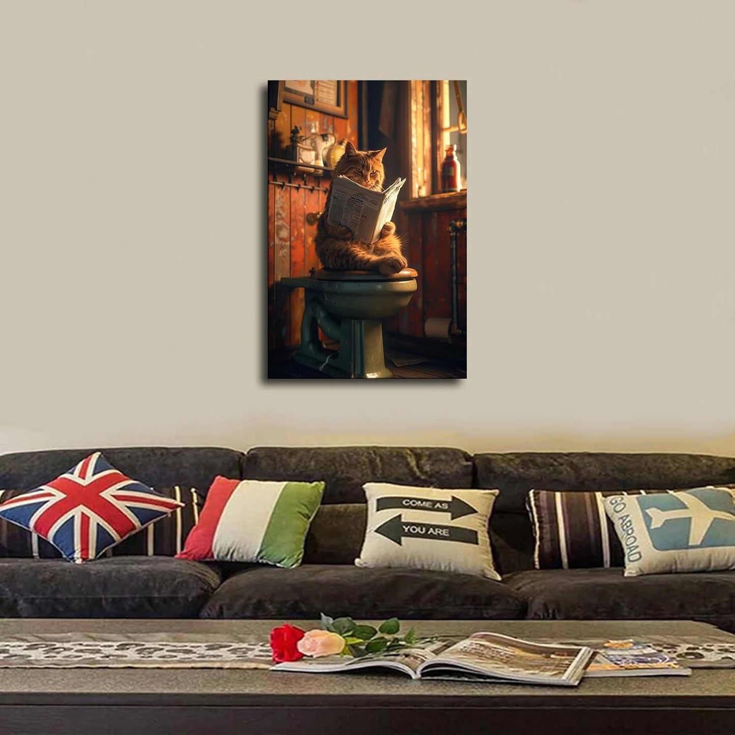 Animal Domineering Orange Cat Sitting in The Toilet Reading A Newspaper Print Poster Picture HD Print Poster Retro Painted Modern Home Bedroom Room Aesthetic Decoration Canvas Art (08x12inch Framed)
