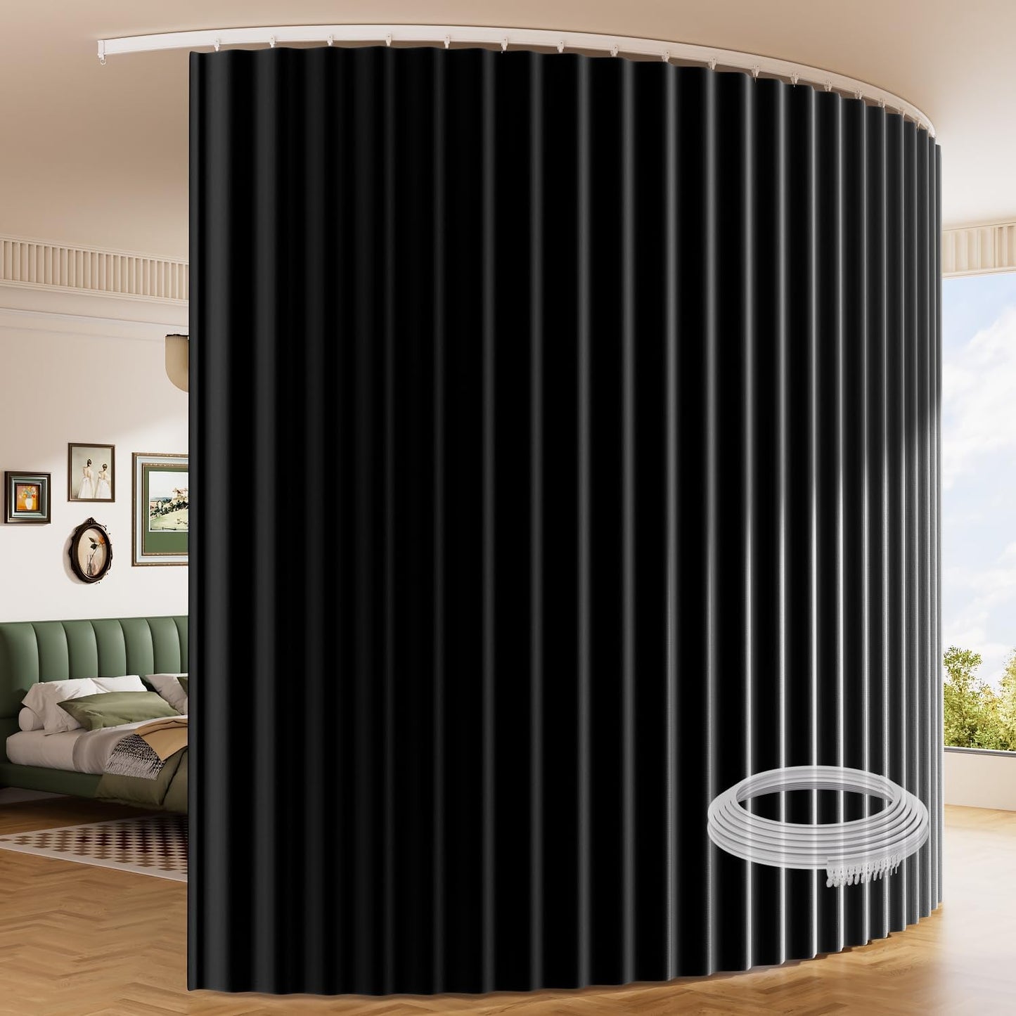 Room Divider Ceiling Curtain W/Flexible Track Sets, (100W x 96L) inch Extra Long Blackout Curtains for Bedroom Ceilling Mount Wall Divider for Room Partition, Privacy Room Divider Panel, Black Drape