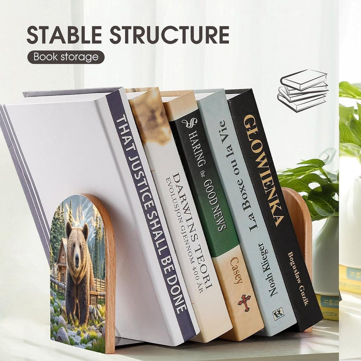 Rustic Lodge Bear Bookends 1 Pair Heavy Duty Book Ends for Shelves Non-Skid Bookend Supports Wooden Book Holders with Metal Base Desk Organizers Books Storage to Hold Books