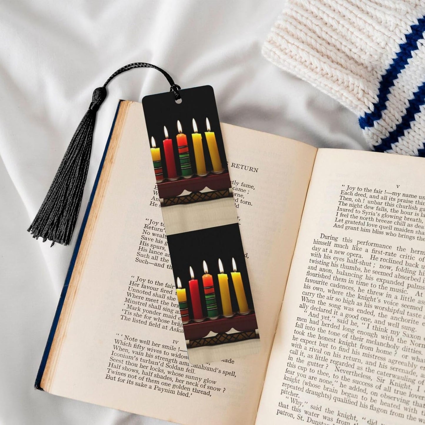 Kwanzaa Candles Wooden Bookmarks Handmade Double-Sided Printed Book Marks Page Markers with Black Tassels Book Accessories Gift for Book Lovers Women Men
