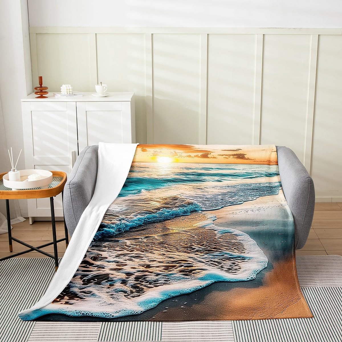 Erosebridal Ocean Waves Fleece Throw Blanket Queen 90"x90" - Ultra-Soft for Couch Sofa Bed,Hawaii Beach Style Flannel Blanket,Summer Nautical Theme Fuzzy Plush Throw,Natural Landscape Room Decor
