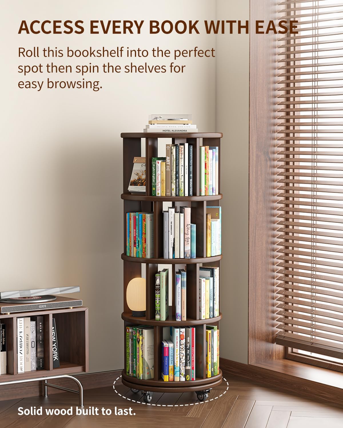 Saifu 4 Tier Wood Rotating Bookshelf on Wheels,Round Revolving Bookcase,360° Spinning Book Shelf Tower,Rolling Bookshelves for Small Space, Corner, Bedroom, Kids Room,Office, Walnut