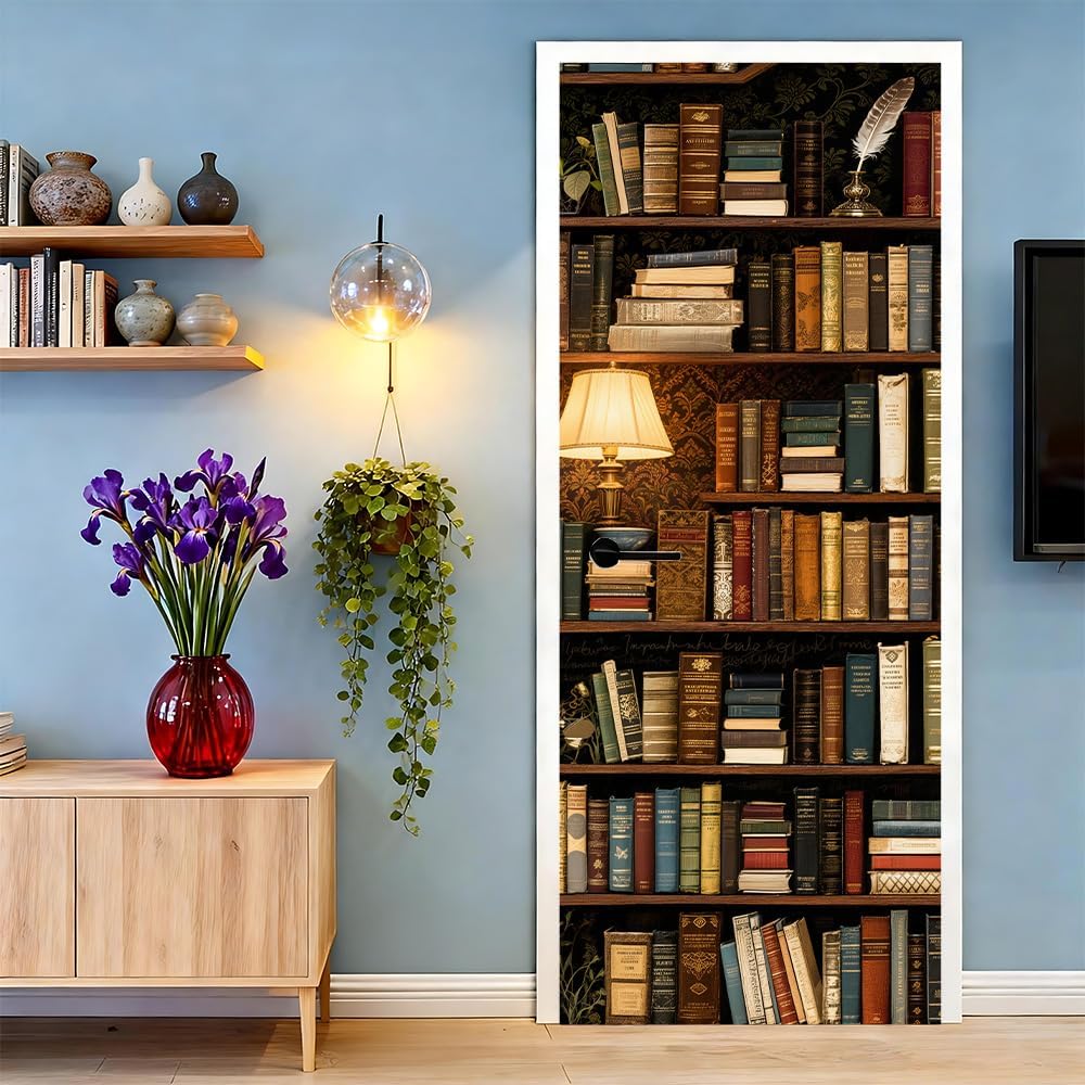 Vintage Library Bookshelf Mural Door Sticker 30.3 x 78.74 Inch Classic Bookcase Interior Decor Reading Room Peel and Stick Door Cover Study Door Decals Peel and Stick Literary Style Home