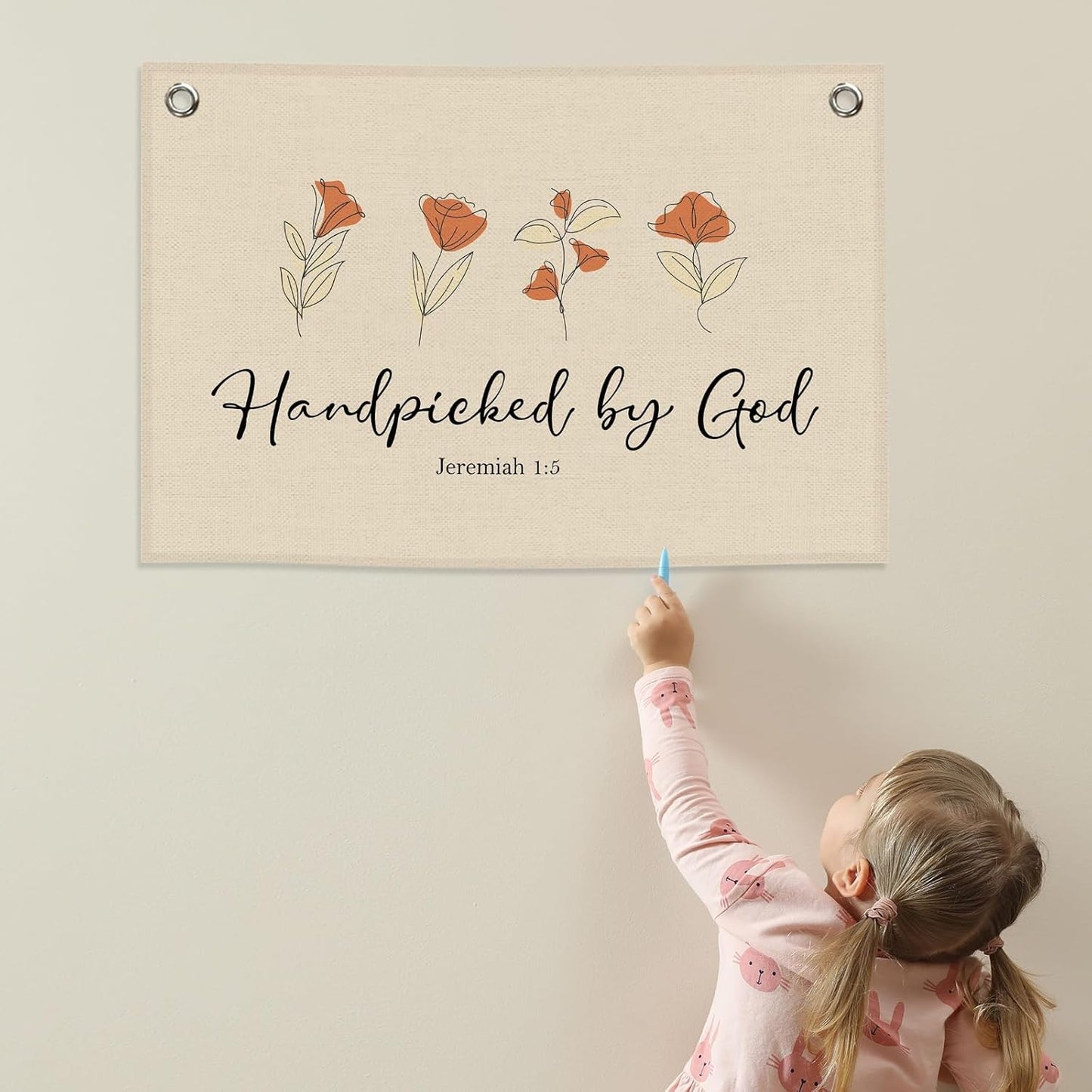 Nursery Christian Kids Banner Canvas, Flower Floral Toddler Room Decor,Handpicked by God Hanging Flag Sign, Positive Wall Tapestry Art for Baby Shower Classroom Playroom Bedroom Decor 20x30in