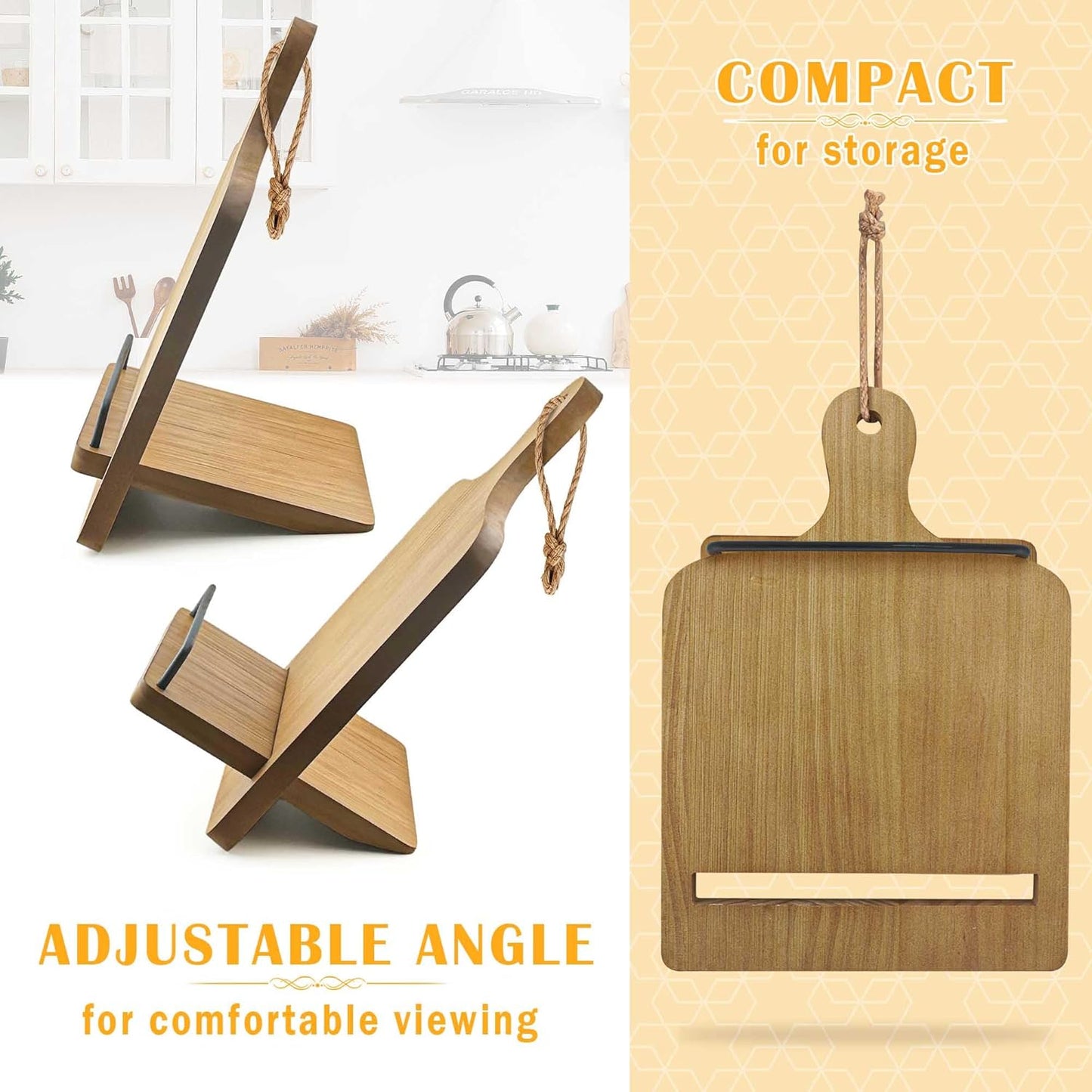 Cookbook Stand Recipe Book Holder: Cookbook Stand for Kitchen Counter, Adjustable iPad Tablet Recipe Book Holder, Rustic Wood Cutting Board Style, Gift for Women