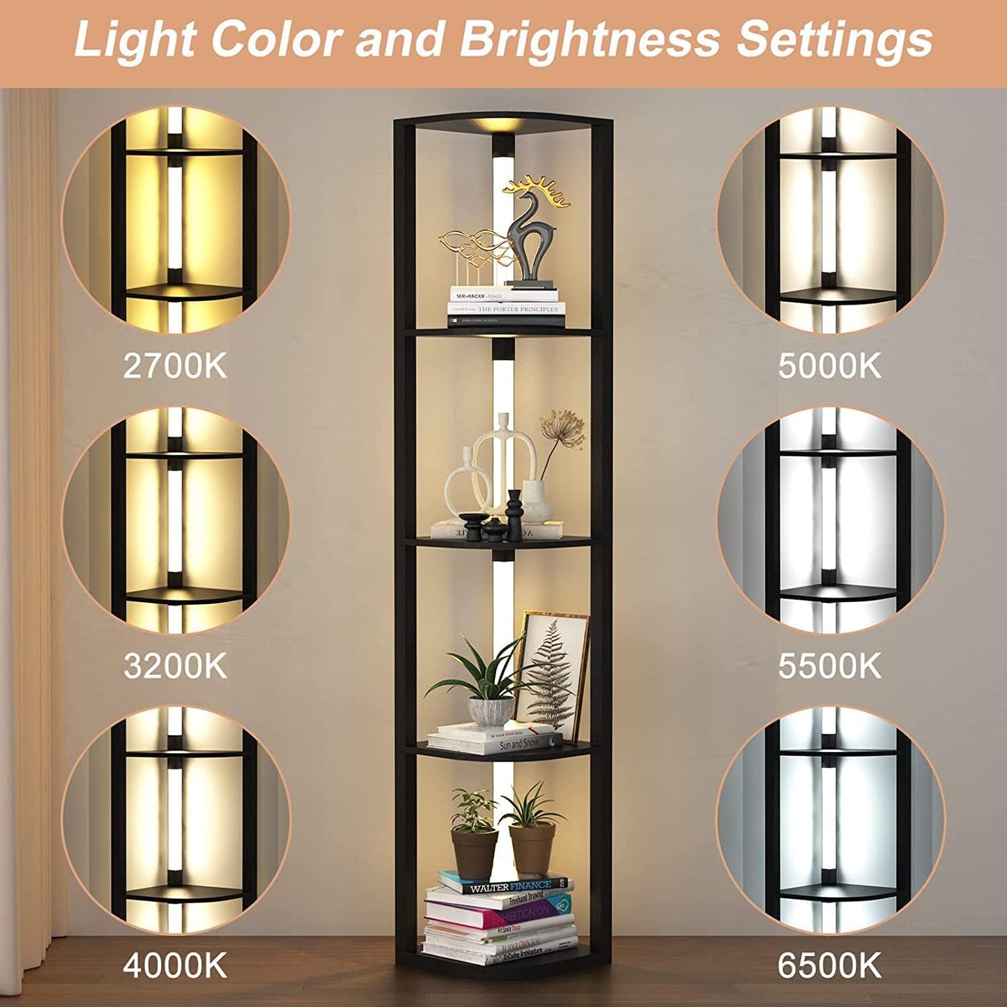 VTRIN Corner Shelf with Light, Modern Home Decor Stand Floor Lamps with Storage Shelves for Collectibles, Sturdy 5-Tier Corner Bookshelf Cabinet Display Shelf for Living Room Bedroom Small Space