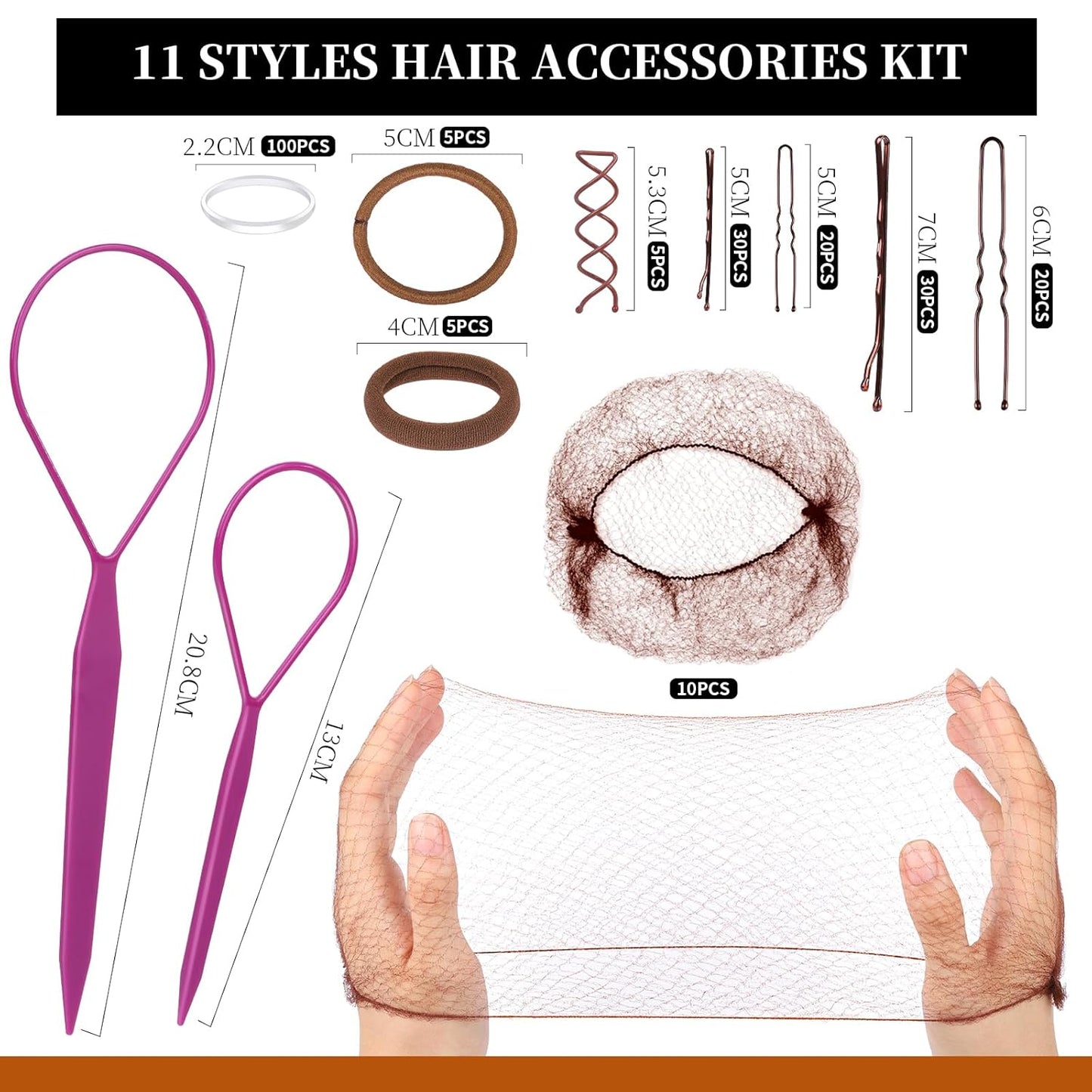Teenitor Bobby Pins Hair Pins Hair Net Kit, 227 Bobby Pins for Women U Shaped Hair Pins, Hair Nets for Buns Spiral Pins, Hair Ties and 2 Hair Styling Tools for Women Girls Dance Ballet Brown