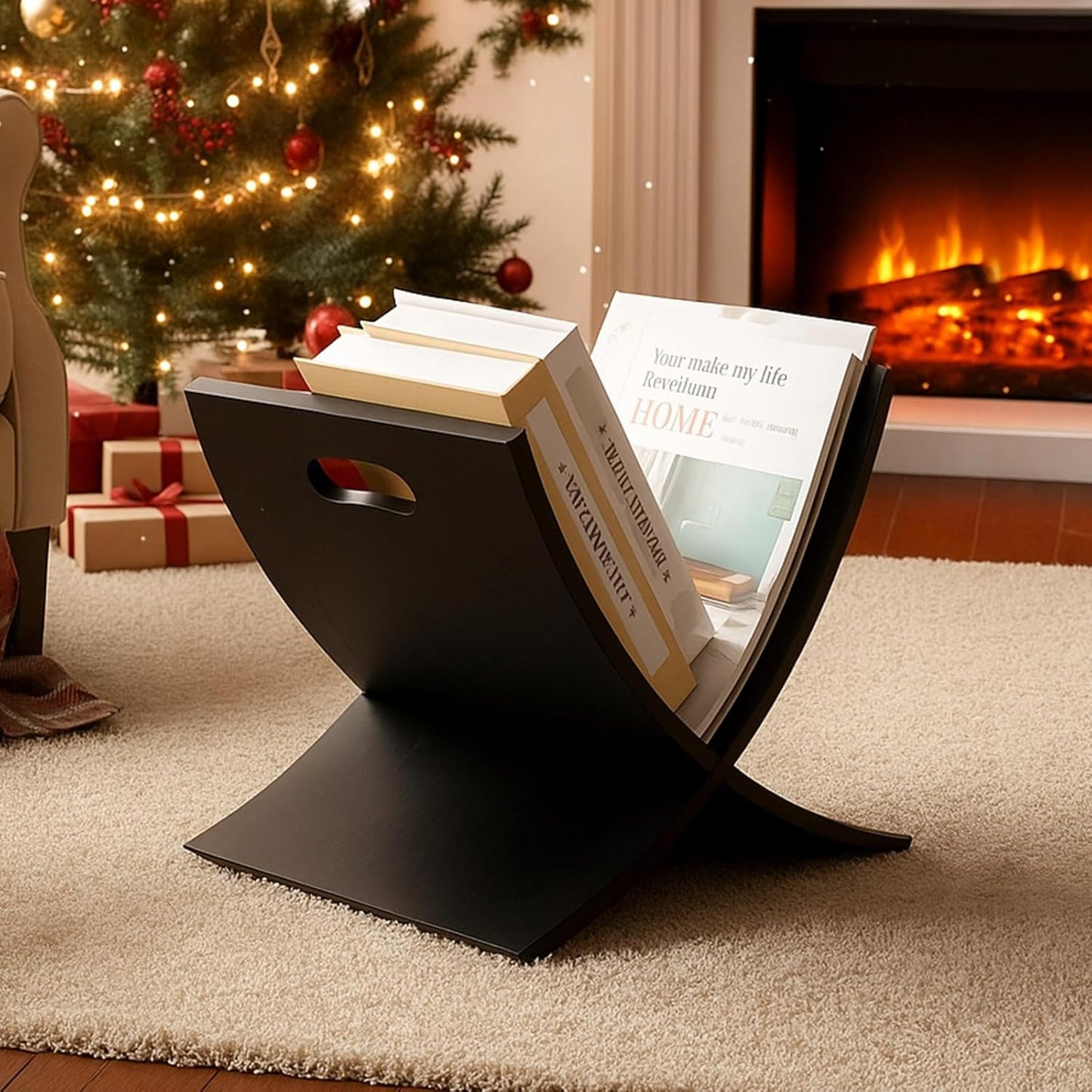 Black Freestanding Wooden Magazine Rack Vertical Floor Magazine Display Bathroom Newspaper Holder Stand for Home, Bathroom, Office, Bedroom, Living Room