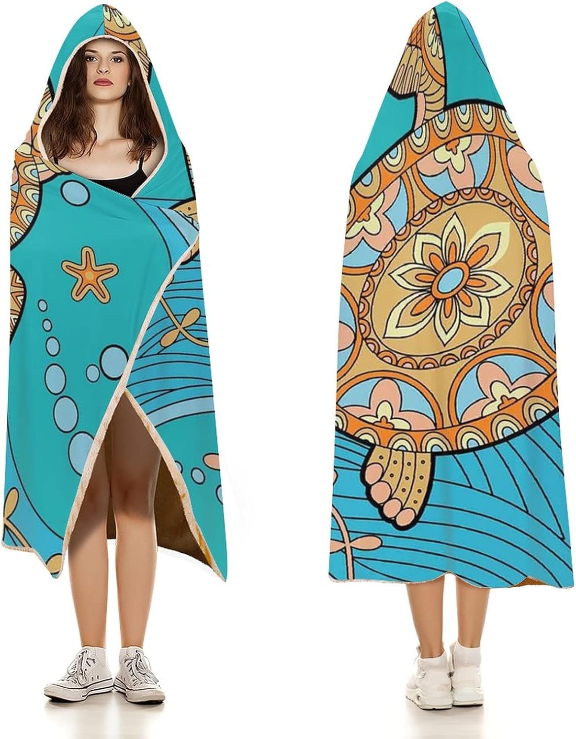 Throw Blankets, Turtle Women Men Hooded Blanket, Decorative Doodle of Sea Turtle on Water Surface, Soft Warm Cozy, 60 x 80inches, Studying Reading Snuggling Napping Office