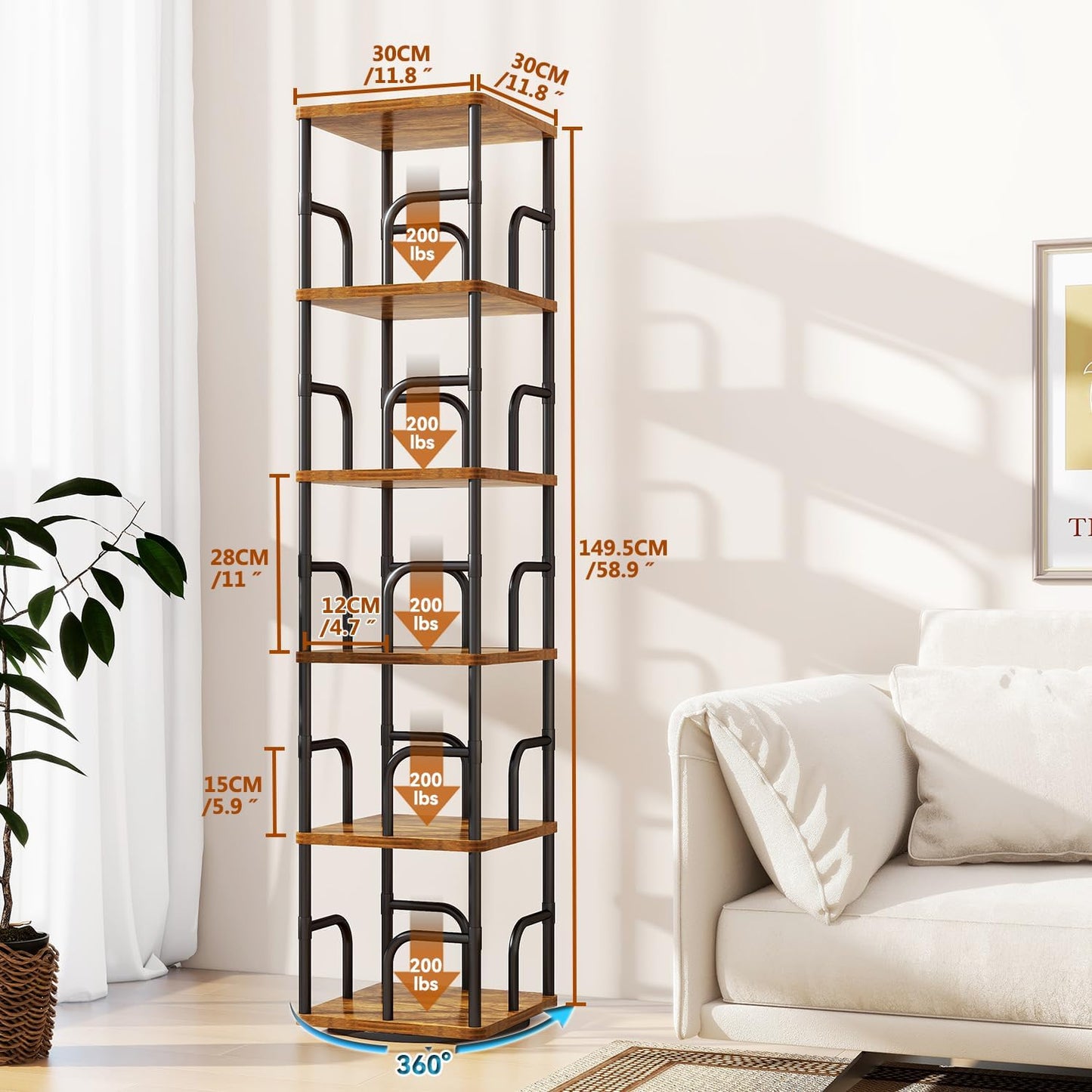 IBUYKE 6 Tier Square Rotating Bookshelf, 360° Spinning Bookcases Tower,Freestanding Corner Bookshelf with Rails,Industrial Swivel Bookcase Organizer for Bedroom, Living Room,Study,Brown,UTBC005H