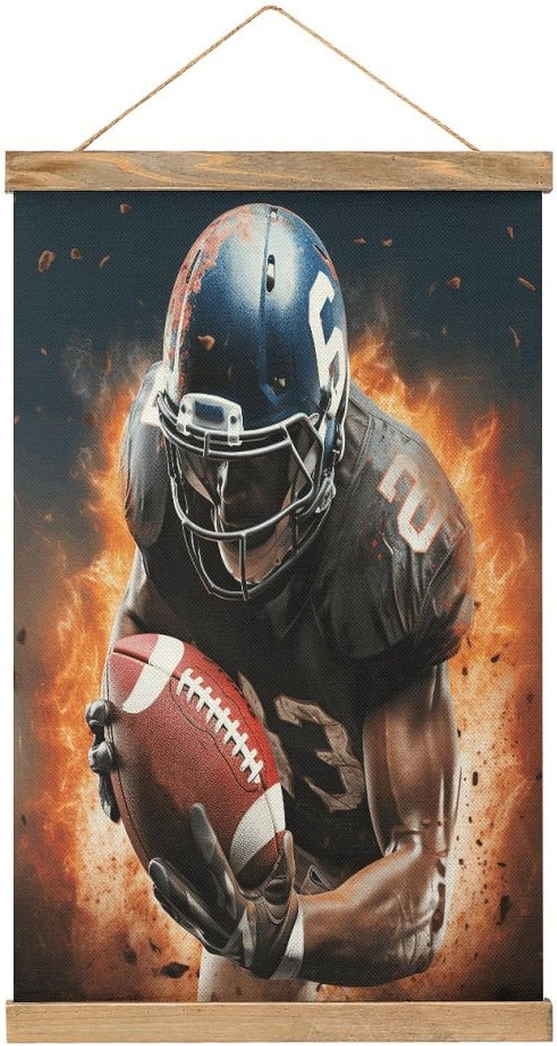 Vintage Cool American Football Poster with Wooden Frame Personalized Linen Hanging Scroll Painting Rustic Wall Hanging Illustrative Modern Artwork Decor for Home Living Room Bedroom Office