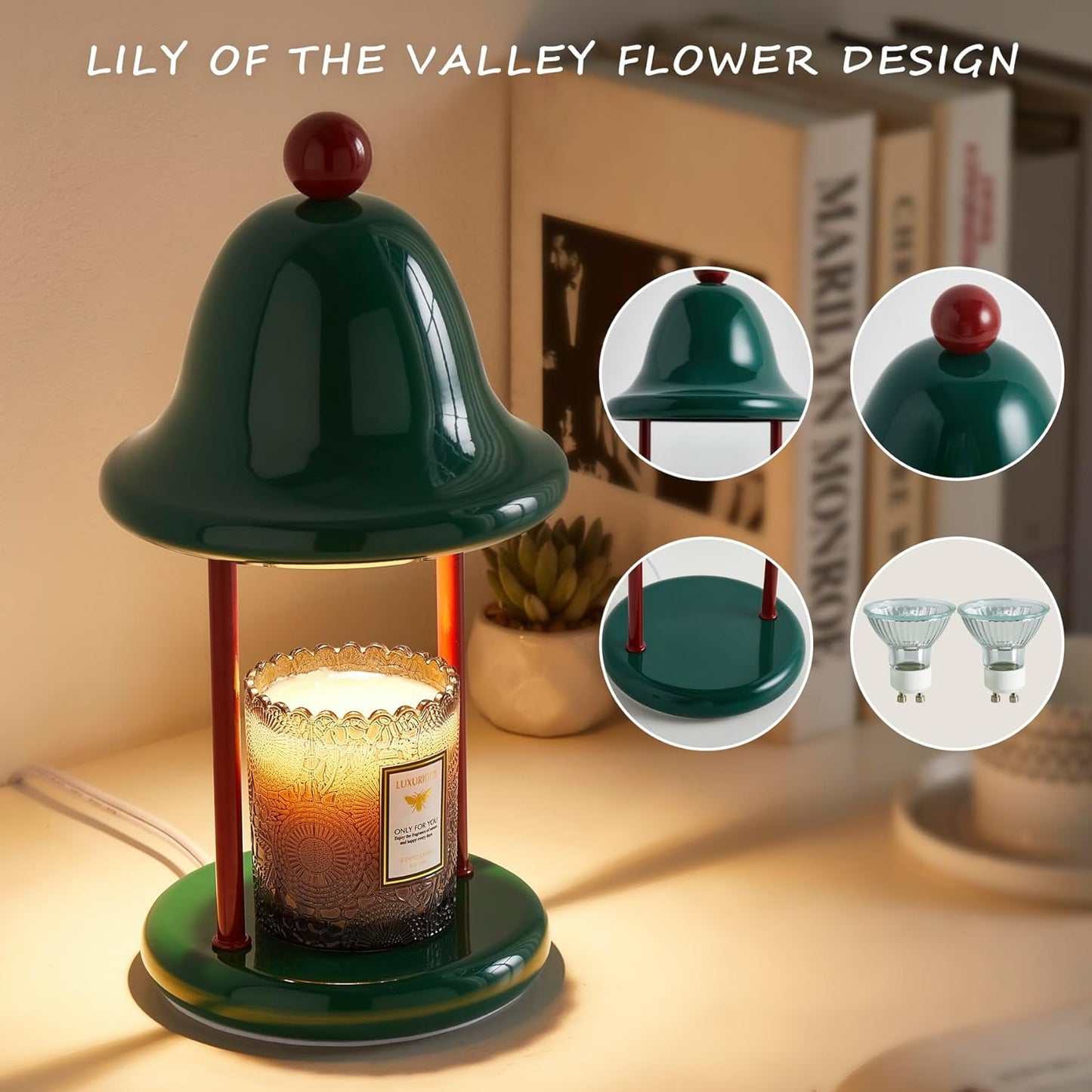 Mahbahole Bell Candle Warmer Lamp with Timer Dimmable, Bedroom House Office Aesthetic Living Girls Room New Home Decor, Christmas Birthday New Year Gifts for Women Mom - Green & Red