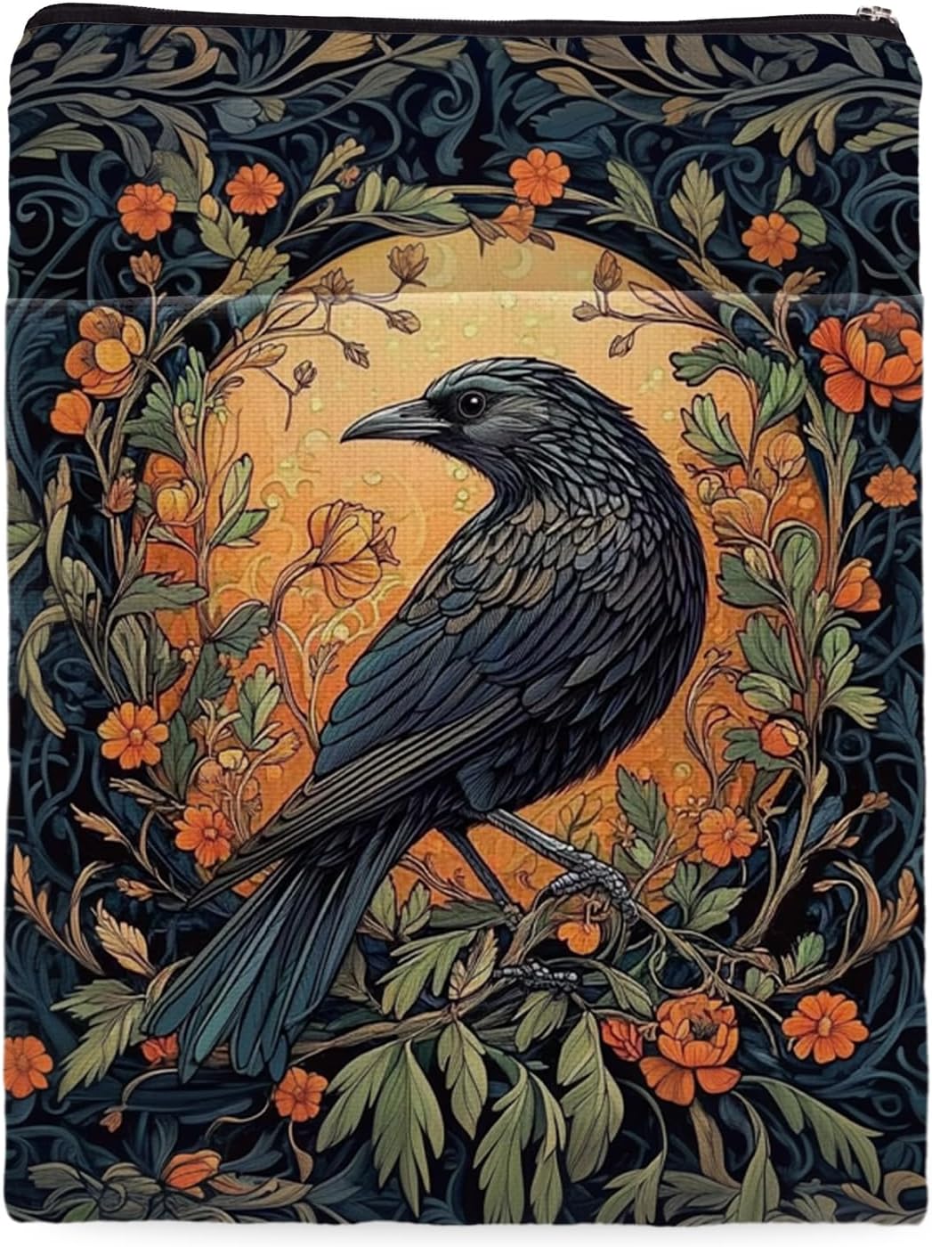 Vintage Flower&Raven William Morris Book Sleeve for Book Lovers, Bookish Book Protector with Zipper, Washable Fabric Book Cover for Paperbacks & Hardcovers,11.4 x 9.1Inches (Black-Raven, Medium)