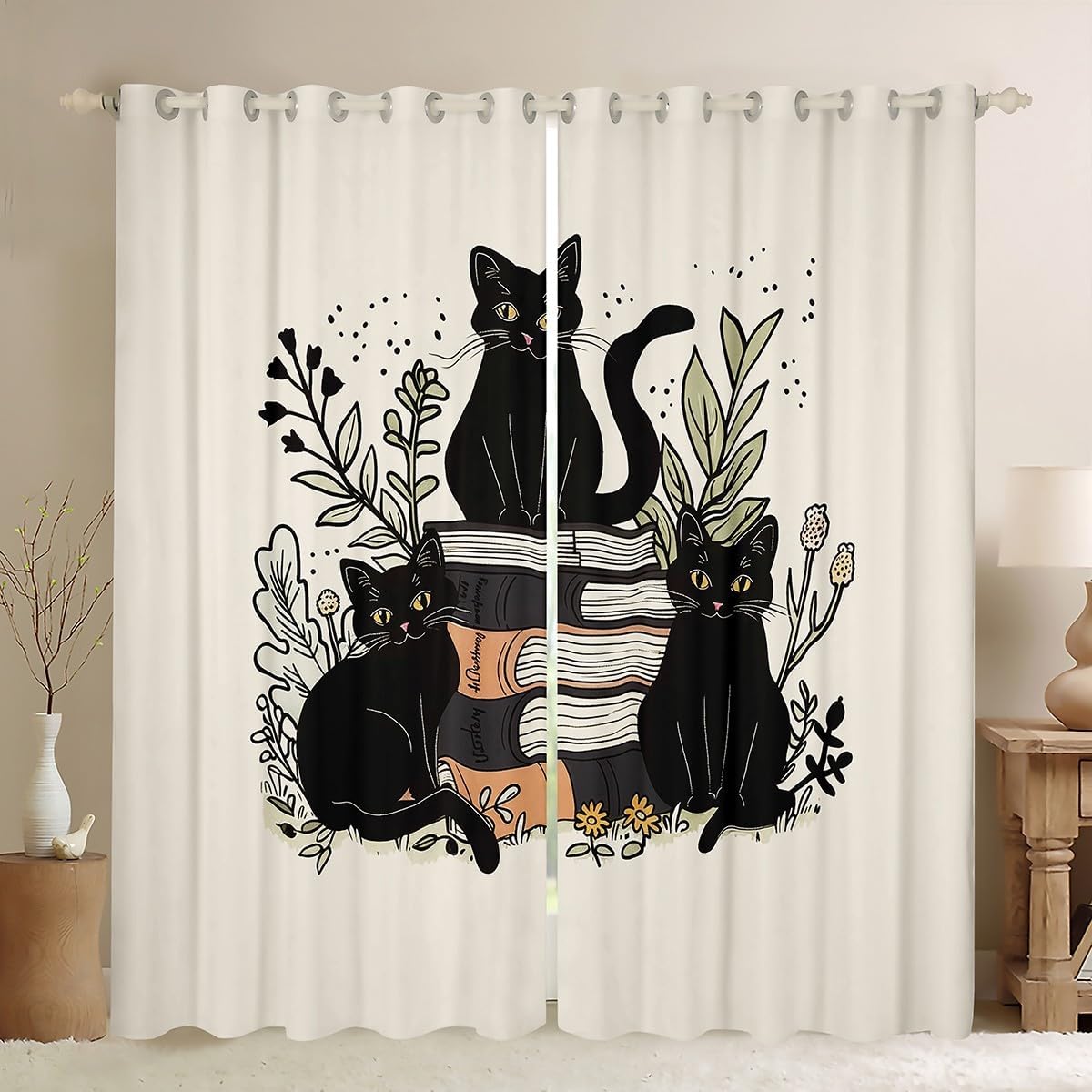 jejeloiu Black Cat Curtains for Bedroom Living Room Garden Floral Blackout Darkening Drapes Cute Kitten Window Treatments, 2 Panels 52 x 84 Inch Reading Book Room Decor