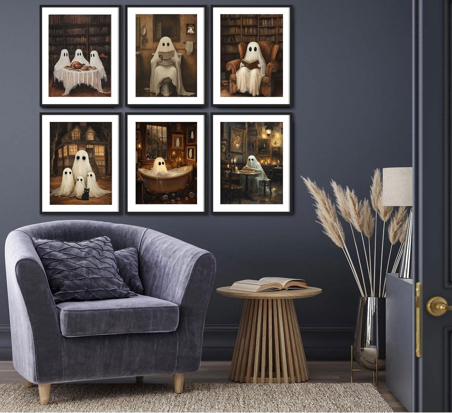 6Pcs Halloween Ghost Wall Art Gothic Ghost Scenes Reading Bathing Dining Wall decoration pictures Spooky Halloween Canvas Posters Prints for Bedroom Bathroom Home Decor Unframed (12inx16in Posters)