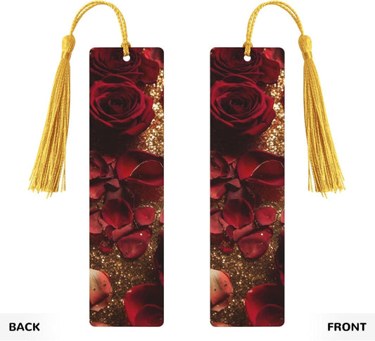 Rose Sparkling Bookmarks Gifts for Women Men, Wooden Bookmarks for Book Lovers, Vintage Book Marks Ornaments with Tassel, Unique Personalized Reading Page Markers Gold