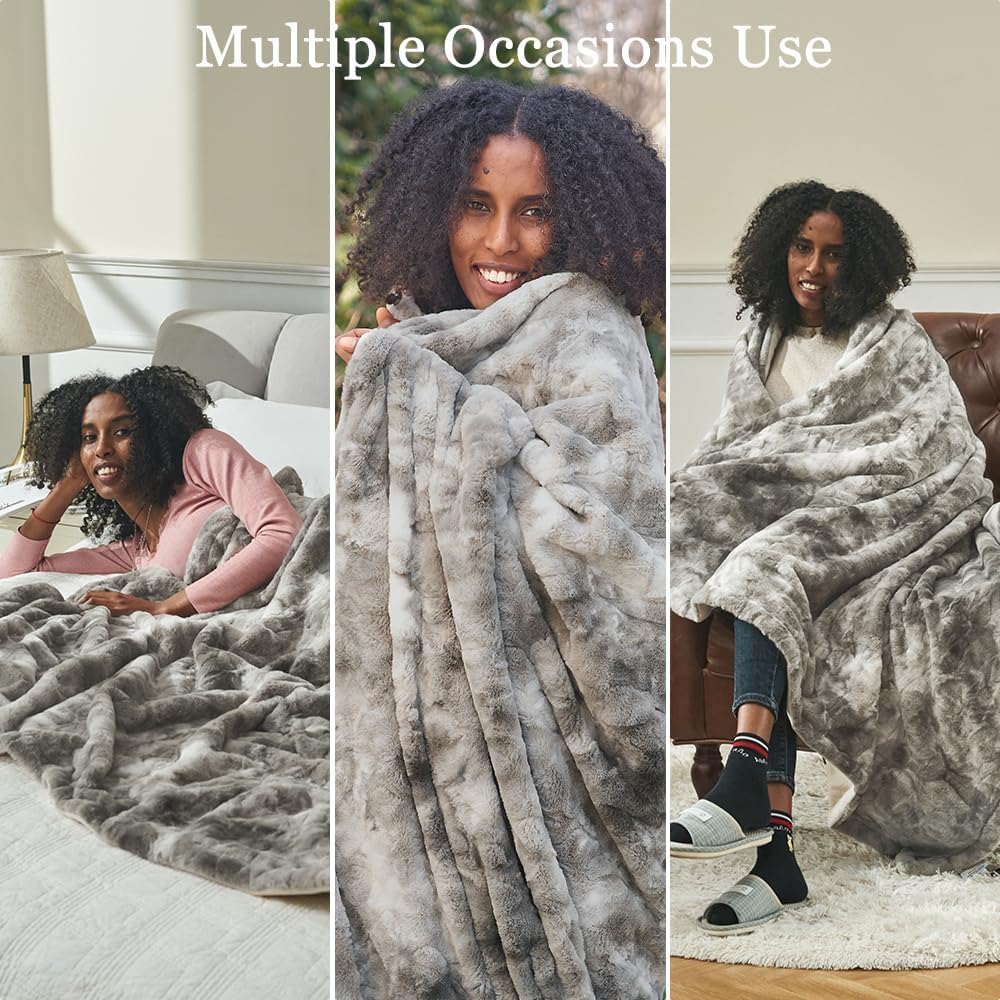 Krifey Oversized Faux Fur Throw Blanket, Soft Fluffy Fuzzy Cozy Blanket for Couch, Sofa and Bed, Luxury Mink Plush for Women, Room Home Dorm Decor, Marbled Gray 60" x 80", Warm 600GSM