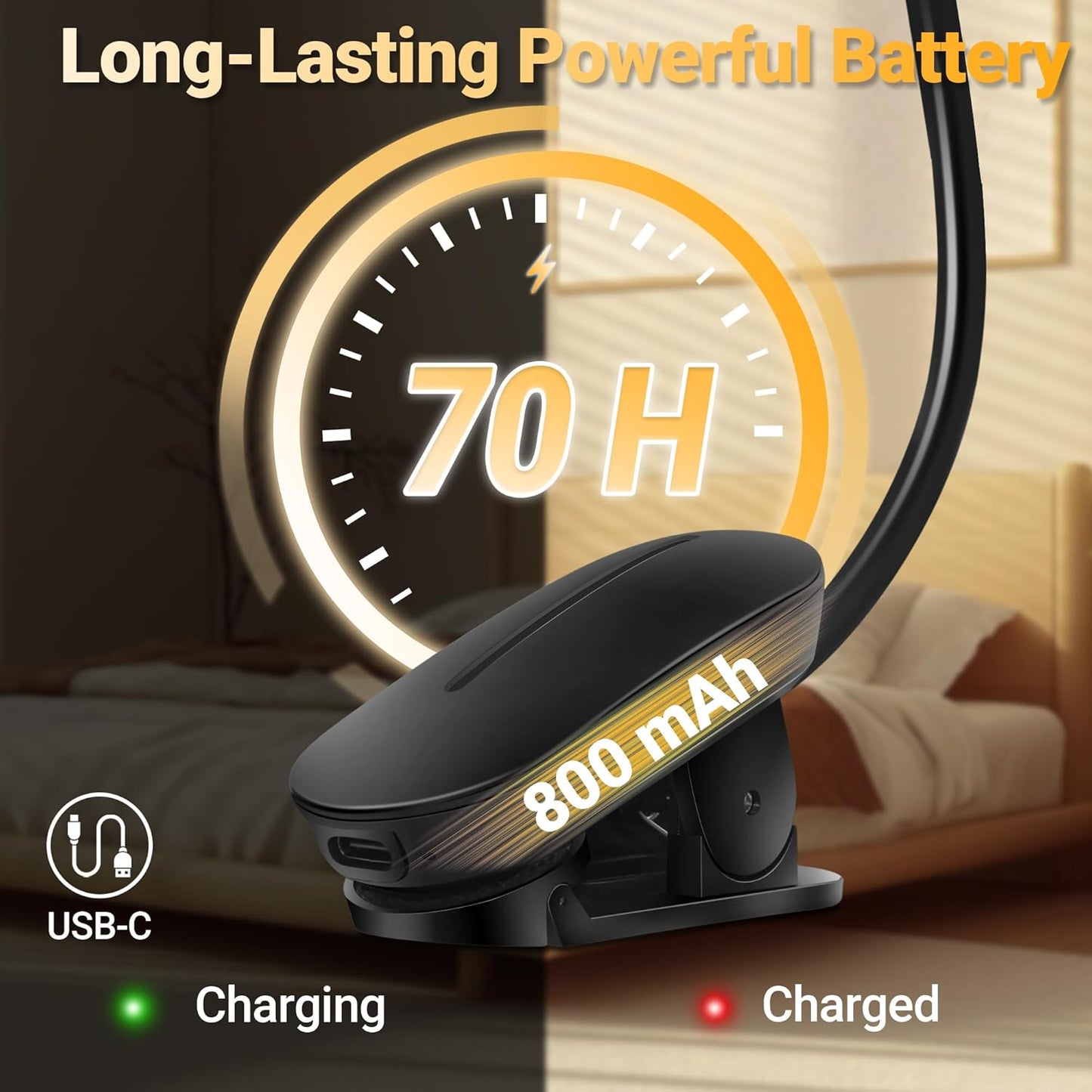 Book Light for Reading at Night, Rechargeable Book Reading Light Clip on, 3 Color Modes & Stepless Dimming, 14 LEDs & 80 Hrs Lightweight Reading Lamp for Book Lovers