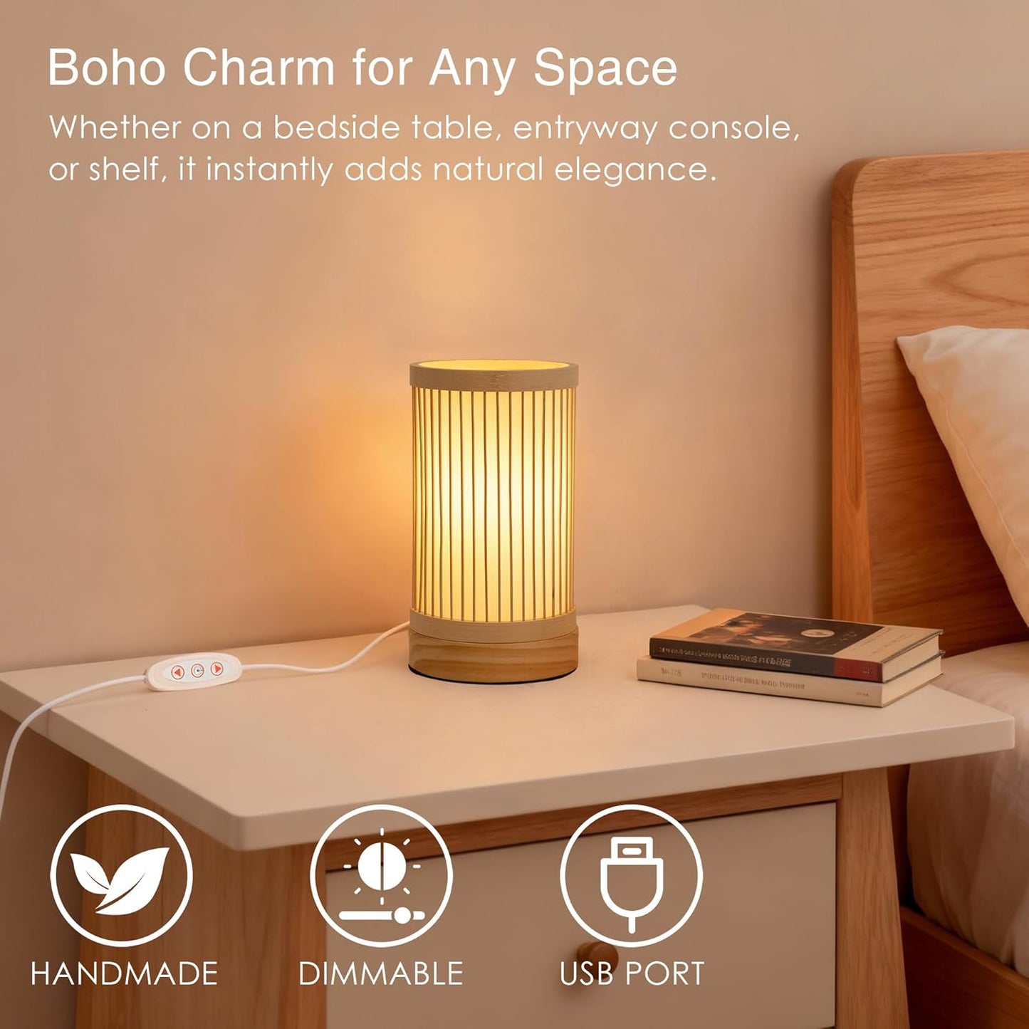 Bamboo Table Lamp, Small Boho Rattan Lamp Decorative with Dimmable Light, Woven Bedside Lamp for Bedroom, Cozy Nightstand Desk Lamps for Cafe/Entryway/Tabletop/Shelf Decor