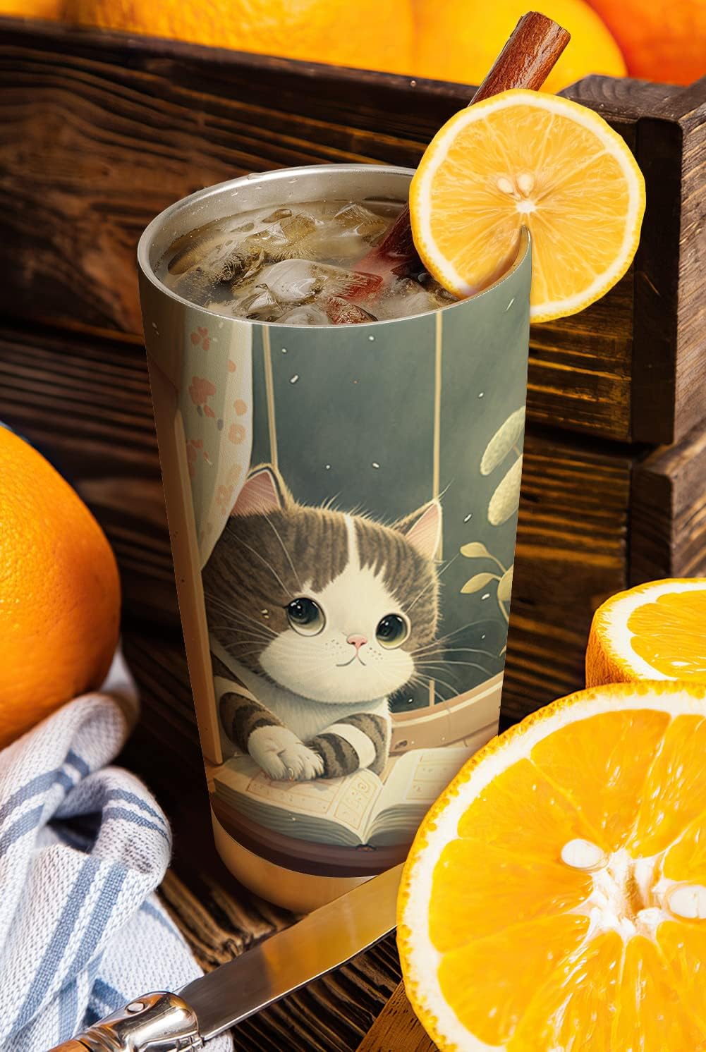 20oz Cute Kitten Books Cat Tumbler, Gifts for Cat Lovers, Librarian, Reading Gifts, Café Tumbler for Women, Stainless Steel Double Wall Vacuum Insulated Coffee Mug, Travel Cup with Lid