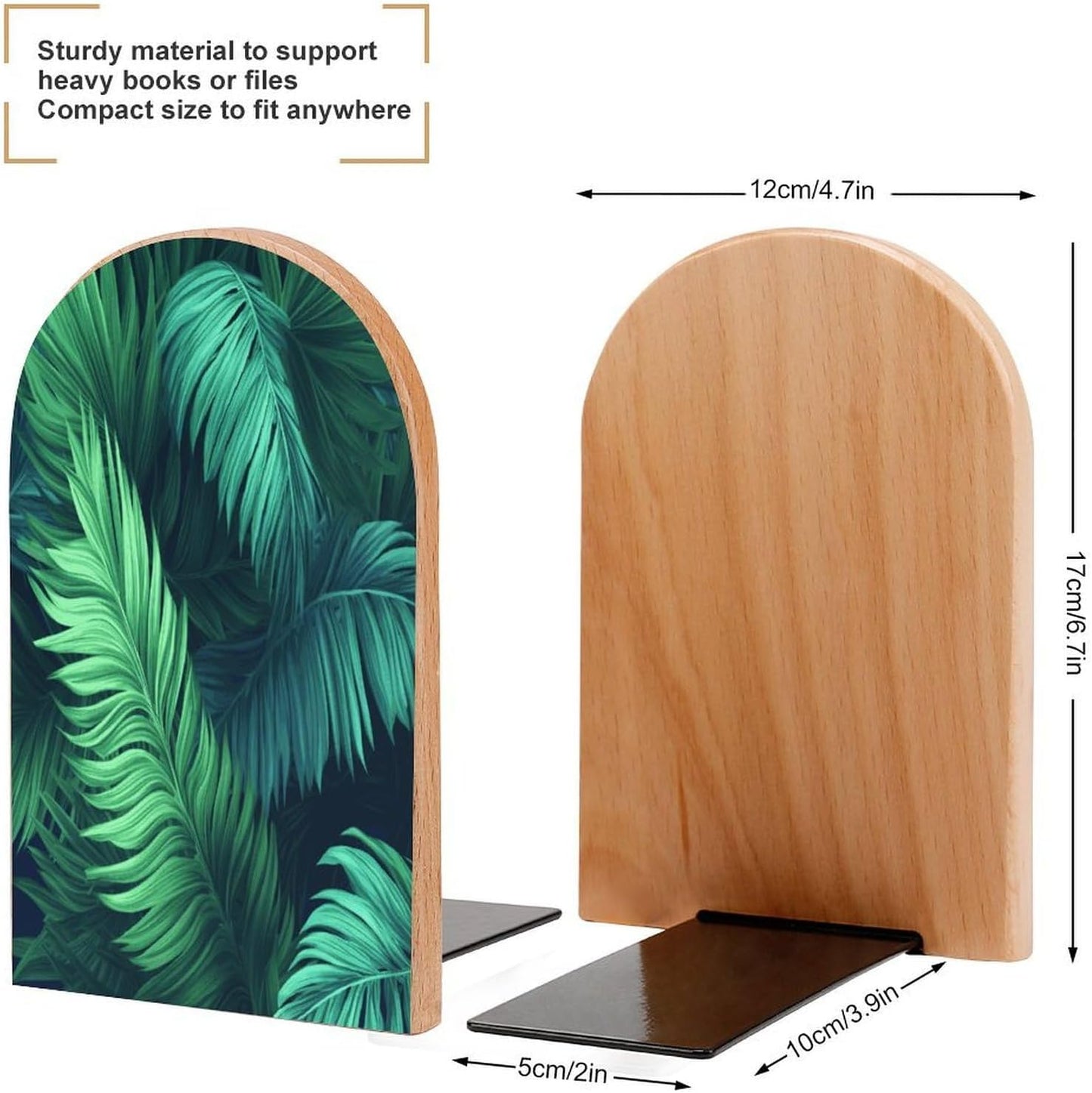 Tropical Palm Leaves Bookend for Shelves Wooden Book End Large Size Sturdy Book Holders Stoppers with Metal Base for Bookshelves Slick Decorative Bookends Stands