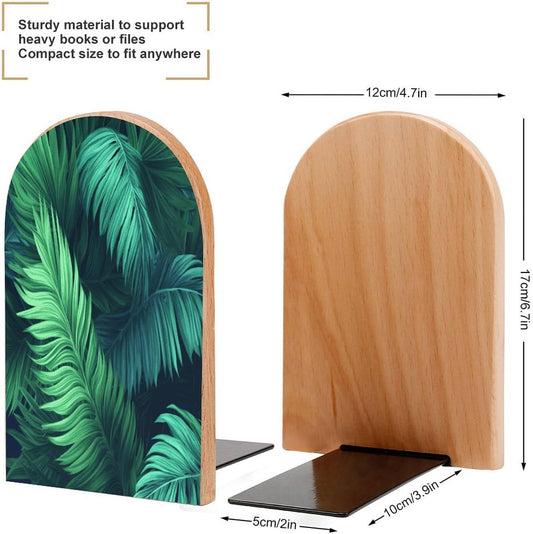 Tropical Palm Leaves Bookend for Shelves Wooden Book End Large Size Sturdy Book Holders Stoppers with Metal Base for Bookshelves Slick Decorative Bookends Stands