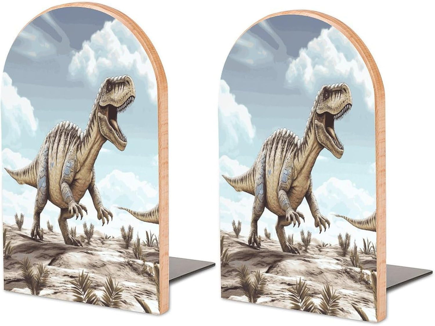 Dinosaur Walking Dinosaur Walking Bookend for Shelves Wooden Book End Large Size Sturdy Book Holders Stoppers with Metal Base for Bookshelves Slick Decorative Bookends Stands