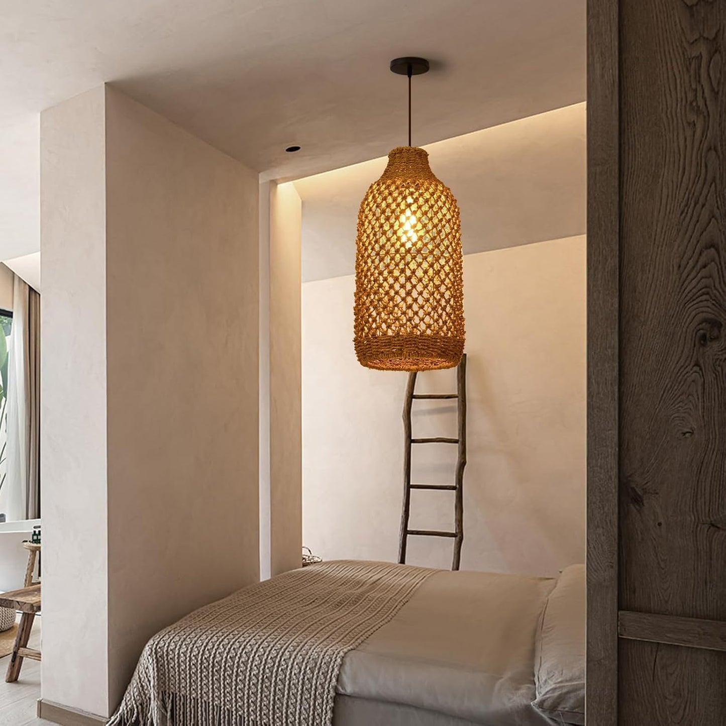 Arturesthome Boho Rattan Pendant Light Fixtures, Farmhouse Natural Ceiling Chandelier Lighting,Retro Wicker Hanging Lamp for Kitchen Dining Room 8.6"*19.6"