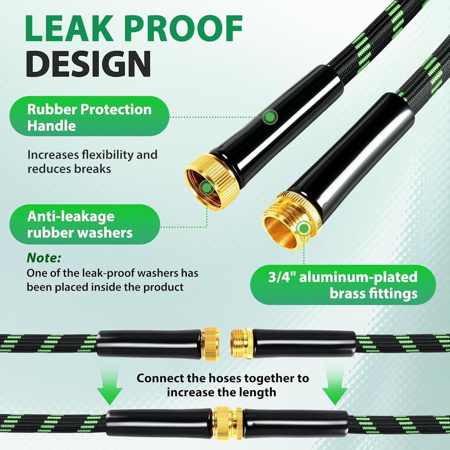 Garden Hose 100 ft Water Hose Flexible Non-Expandable Outdoor Heavy Duty Lightweight Leakproof Kink-free flex Watering Hose Pipe with Nozzle for 3/4 inch Fitting Yard Lawn Outside Car Wash