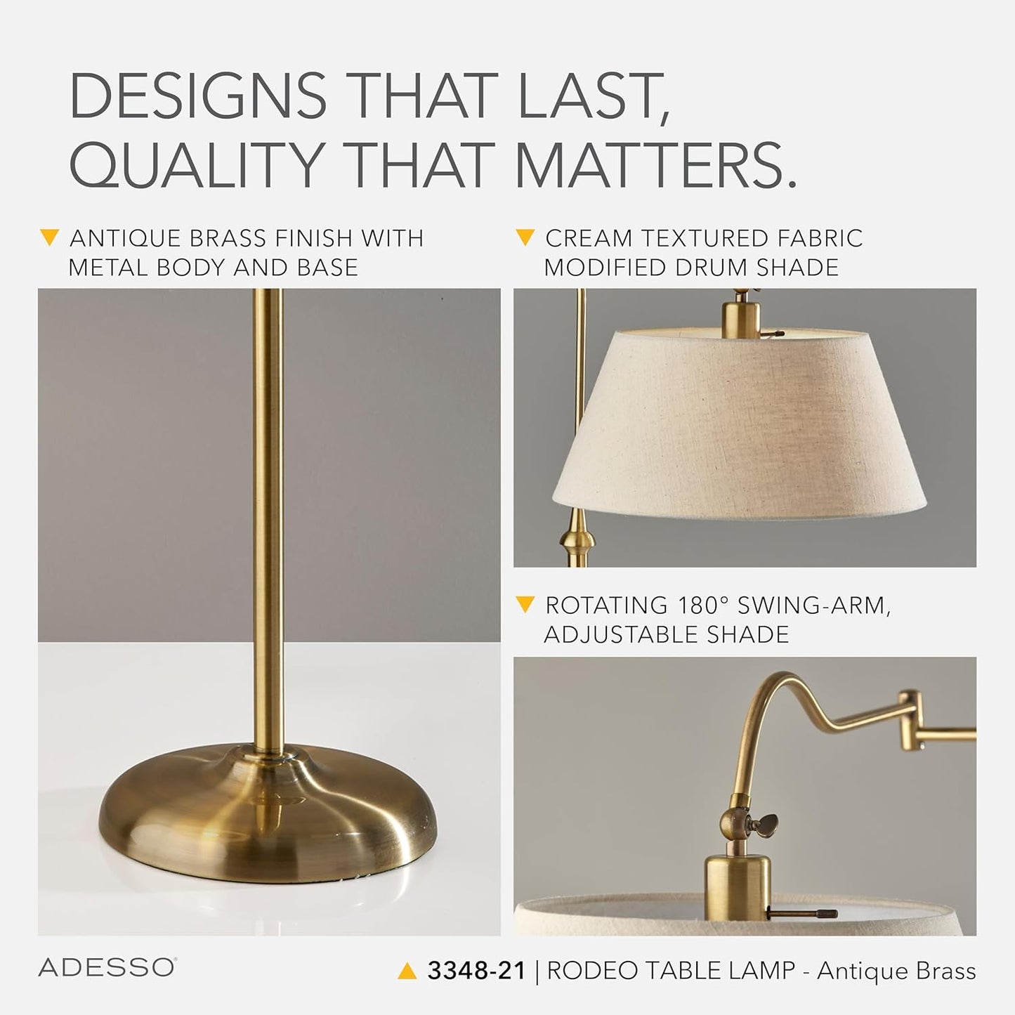 Adesso Antique Brass Table Lamp with Cream Fabric Shade - 180 Degree Adjustable Arm, Versatile Bedside Table, Living Room, or Desk Lamp, 27” Tall