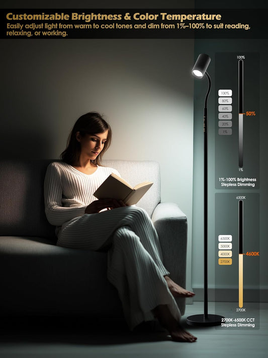 Reading Floor Lamp with Remote, 17W LED Dimmable Standing Lamp, Stepless Brightness & Color Temps, Reading Light & Mood Light, Adjustable Height Gooseneck, Corner Lamp Task lamp for Living Room Office