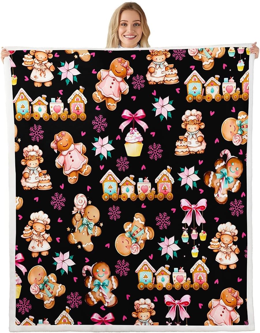 Feelyou Kids Black Bowknot Fleece Throw Blanket Cute Gingerbread Man Sherpa Blanket Throw 50"x60" for Bed Sofa Couch Room Decor Merry Christmas Dreamy Princess Plush Blanket Xmas Theme Fuzzy Blanket