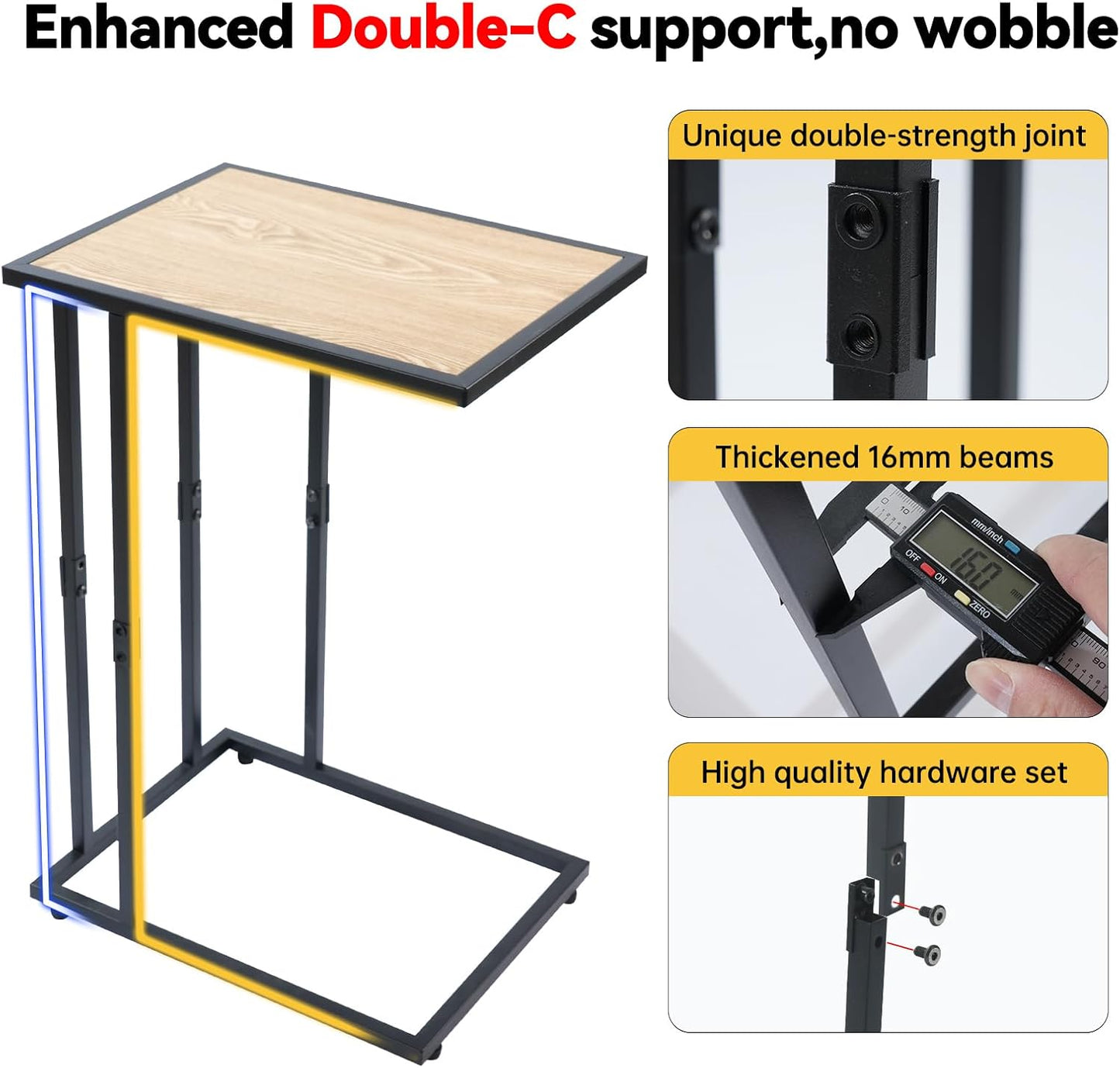 C Shaped End Table - Small Tv Tray Couch Side Table for Small Spaces,Living Room,Bed side,Slide Under Sofa Snack Table Desk for Eatting Dinner,Drink,Adjustable Metal Laptop Stand,Rustic 26'' Tall