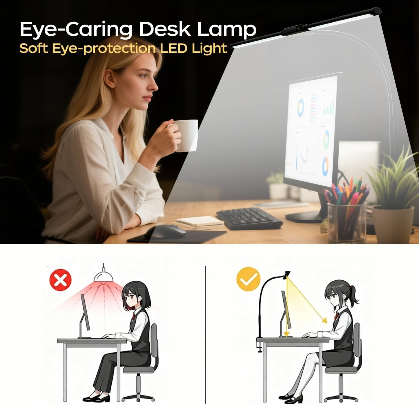LED Desk Lamp with Clamp, Double Head Adjustable Architect Light, Eye-Caring Monitor Desk Lamp for Home Office, Flexible Gooseneck Task Lamp with 10 Brightness Levels & 5 Color Temperature Modes Black